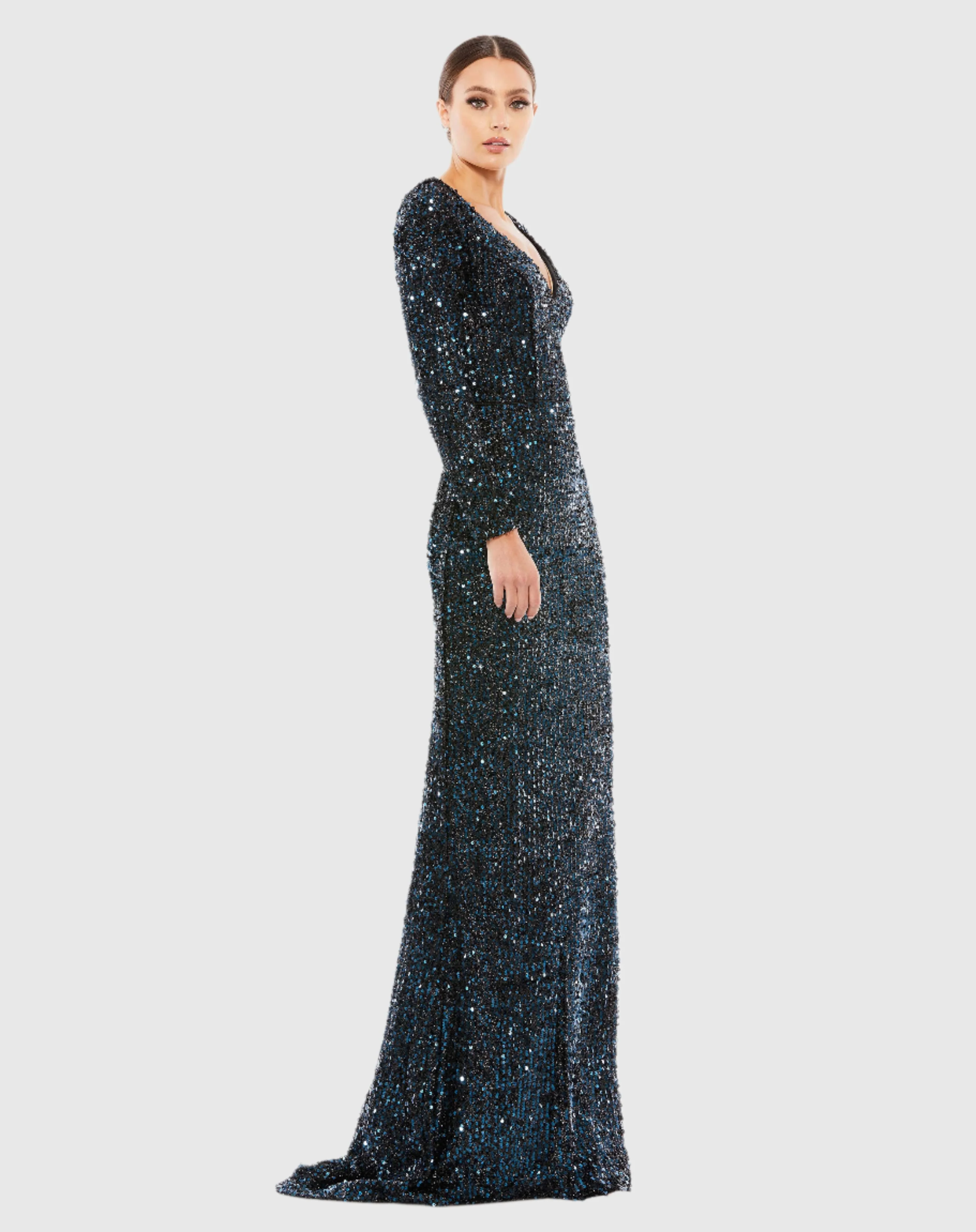 Navy Long Sleeve Sequined Gown