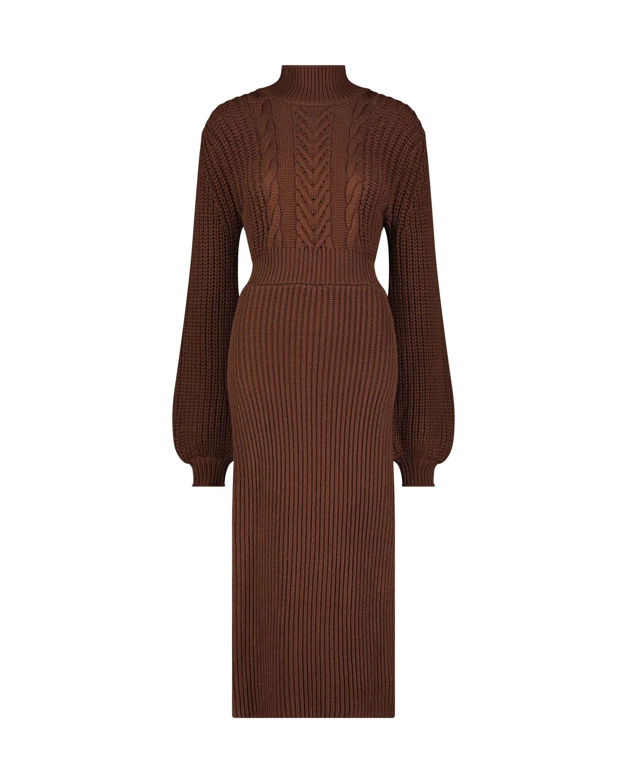 Brown Long Sleeve Turtle Neck Knit Midi Dress