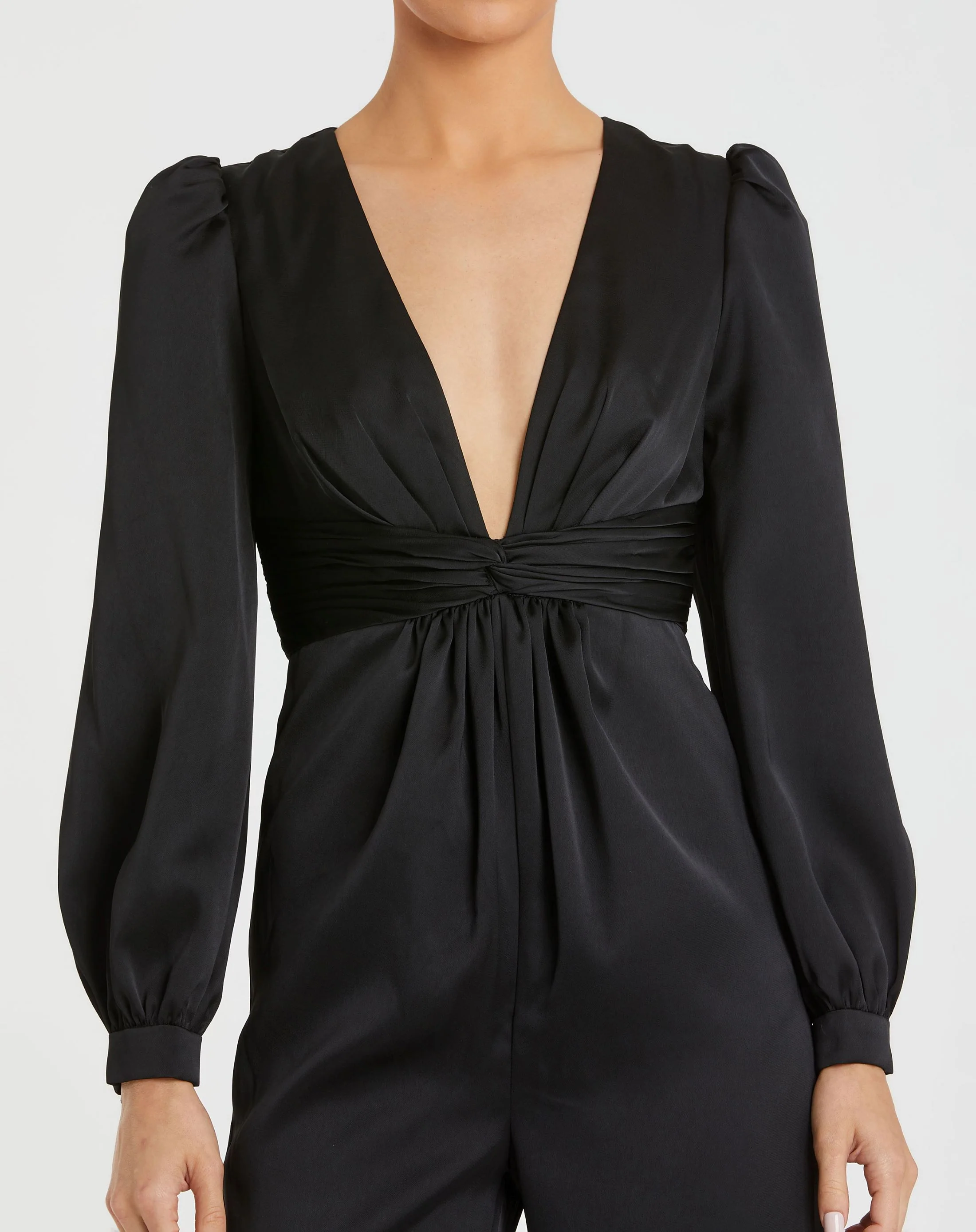 Black Front Twist Puff Sleeve Deep V Jumpsuit