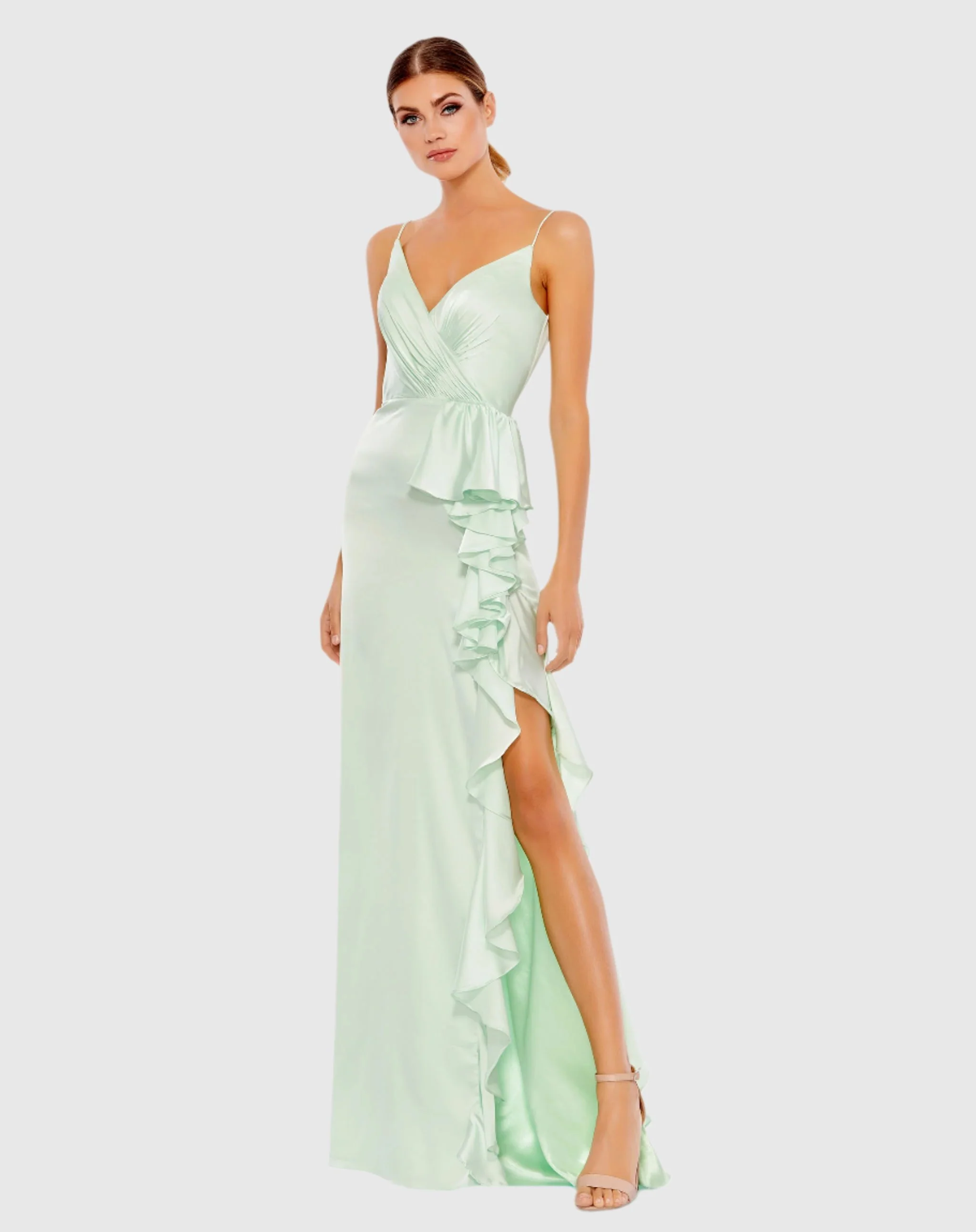 Light Green Satin Ruffled Asymmetrical Gown