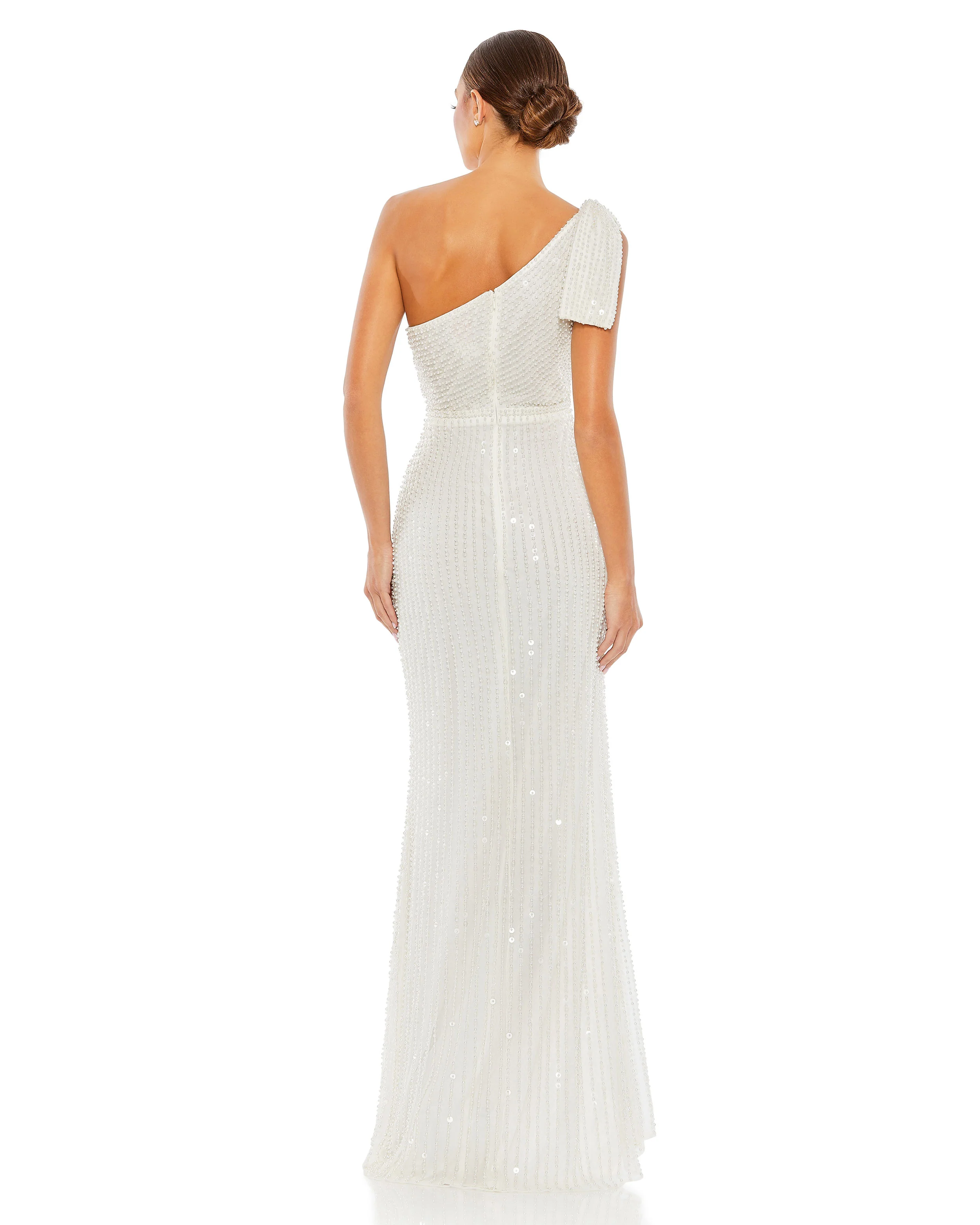 White Pearl Embellished Soft Tie One Shoulder Gown