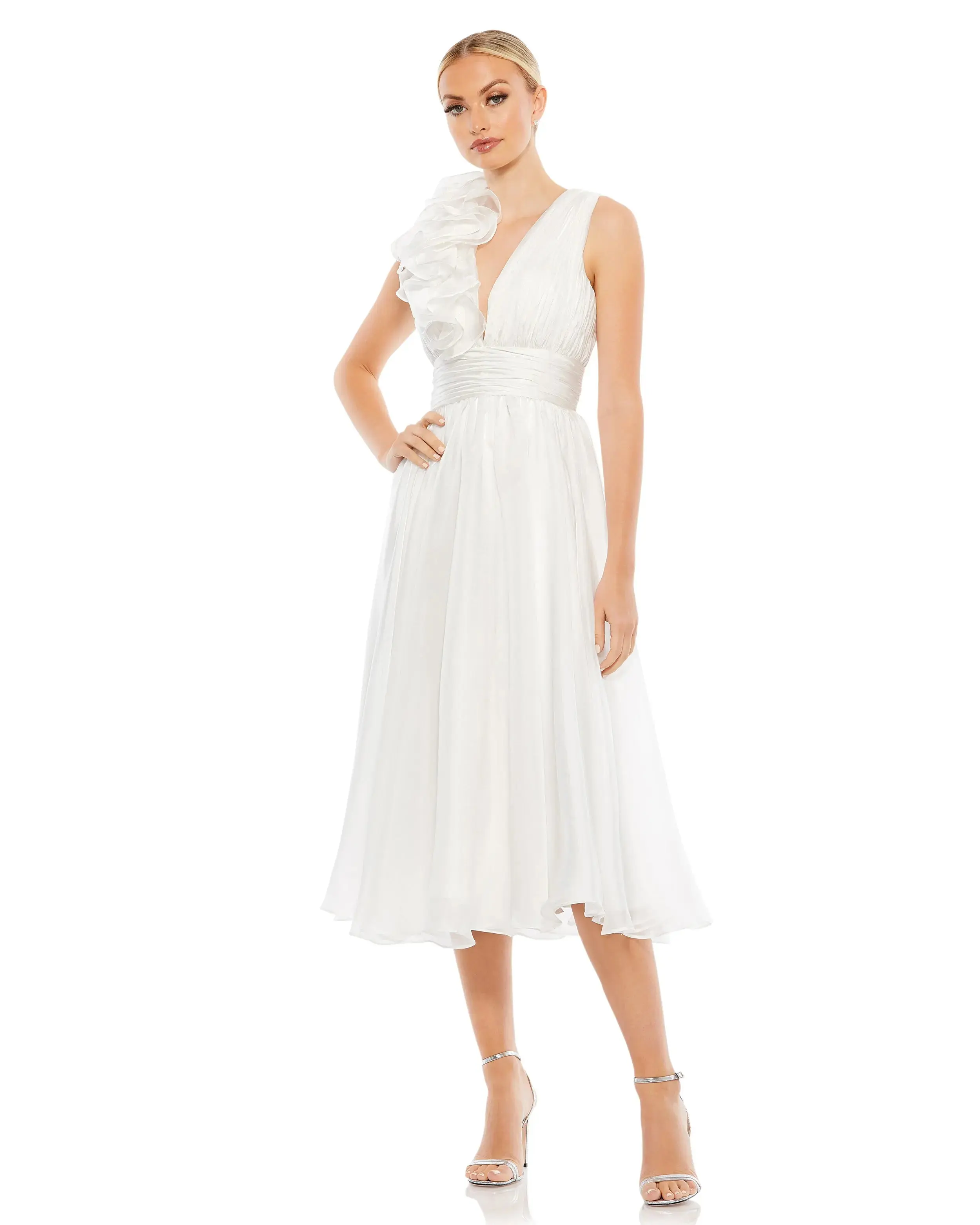 White Plunging V Neck Ruffled A-Line Cocktail Dress