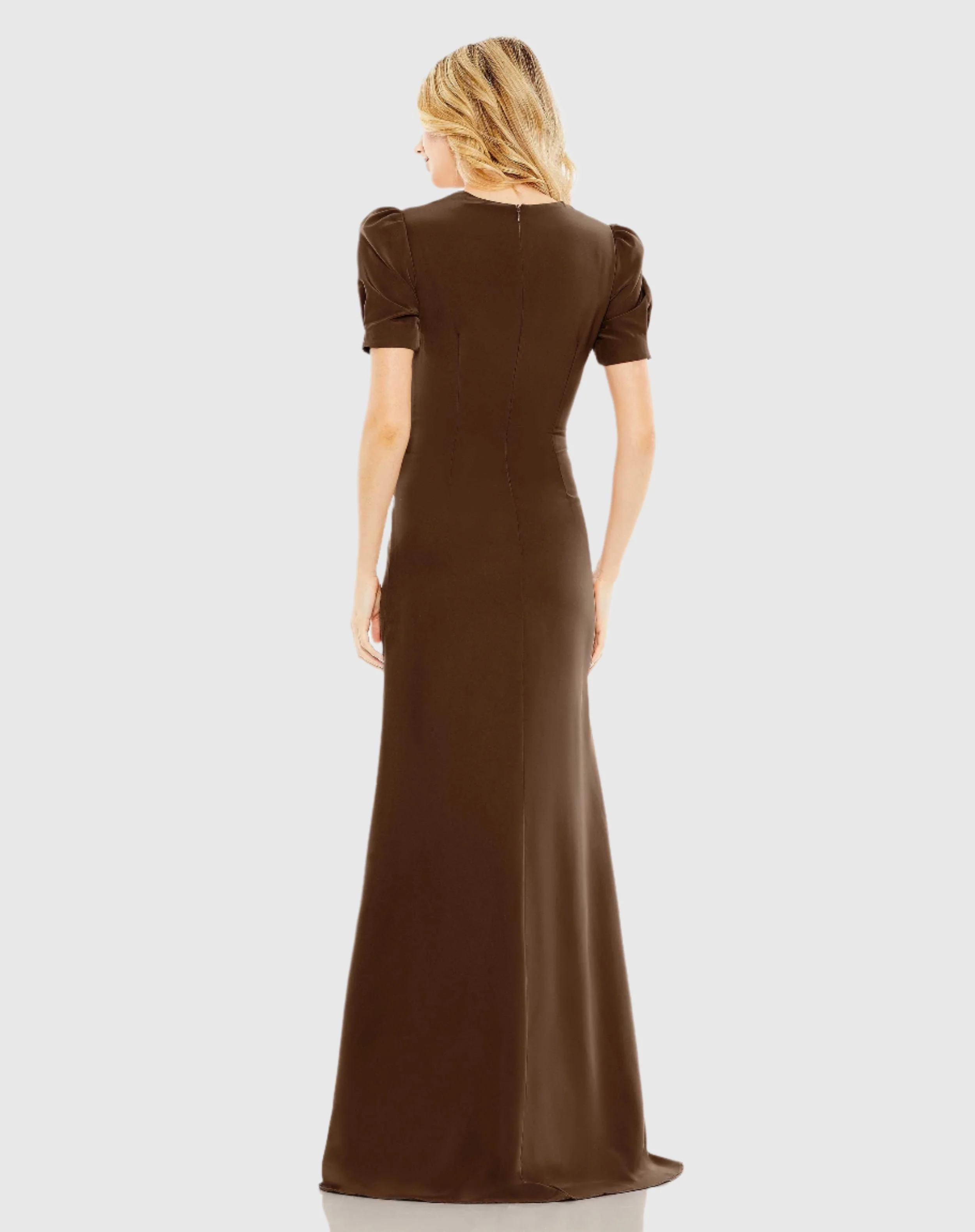 Brown Plunge Neck Puff Sleeve Cut Out Gown