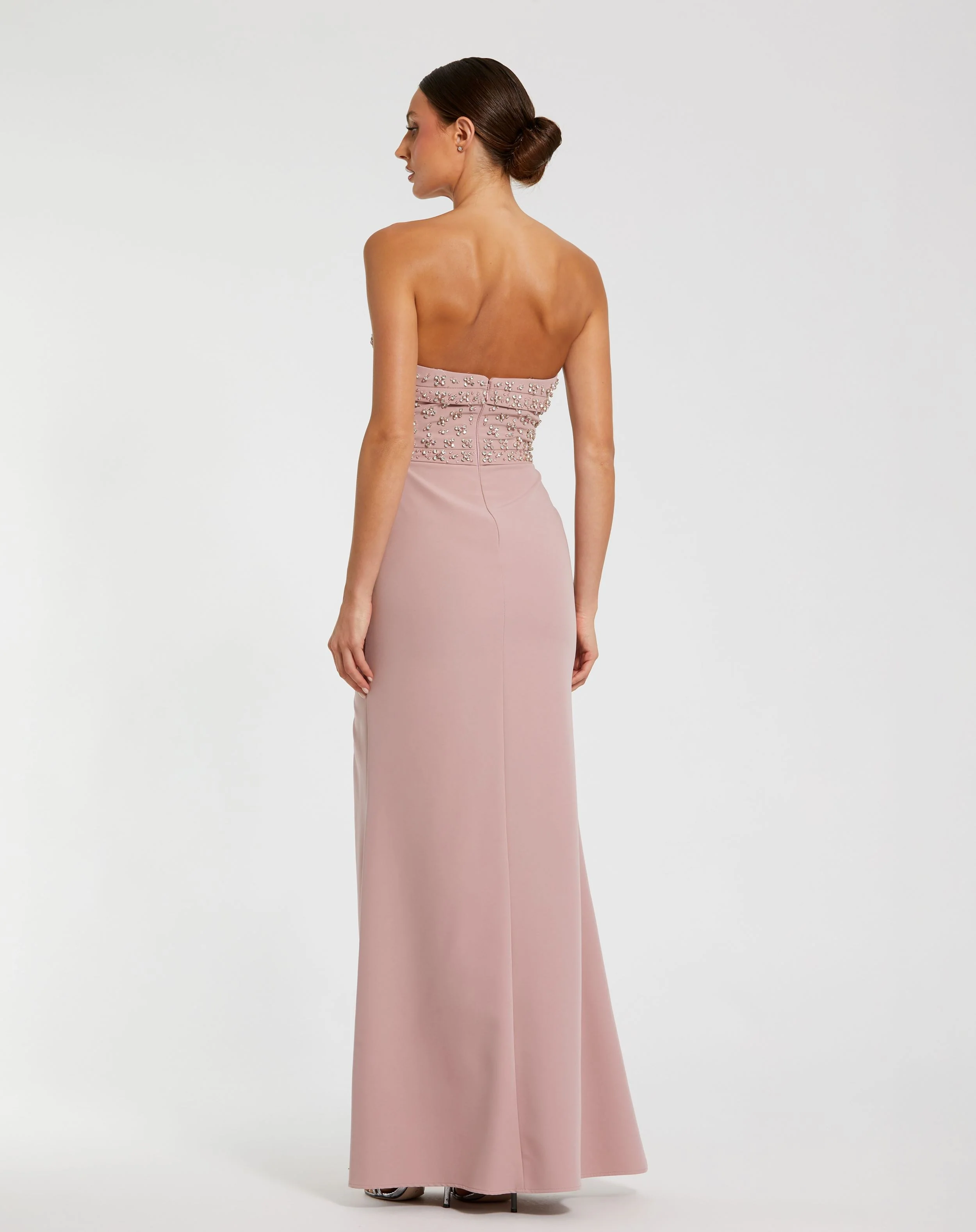 Pink Strapless Crepe Fitted Gown With Rhinestones