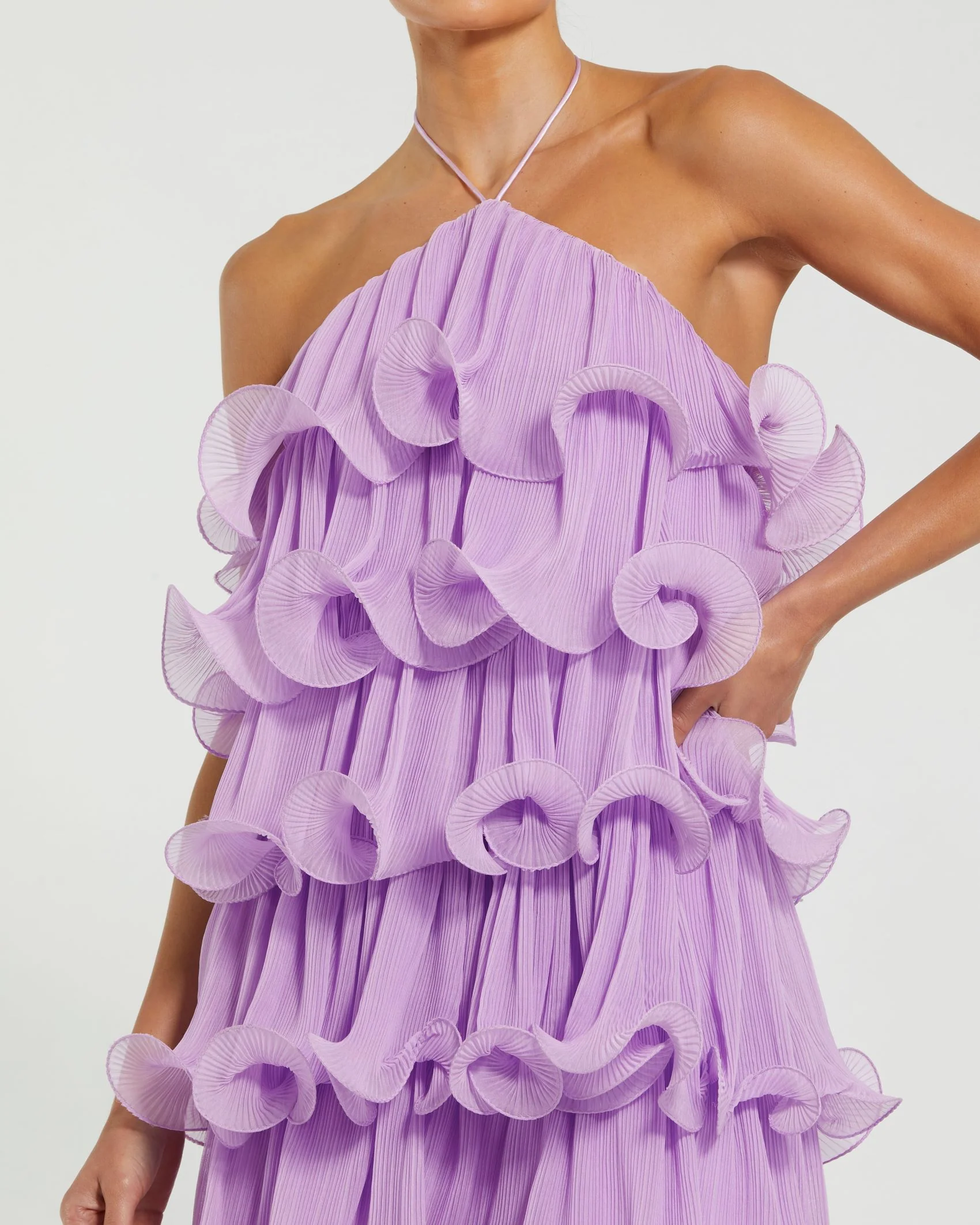 Purple Crinkle Chiffon Tiered Ruffle Halter Mini Dress