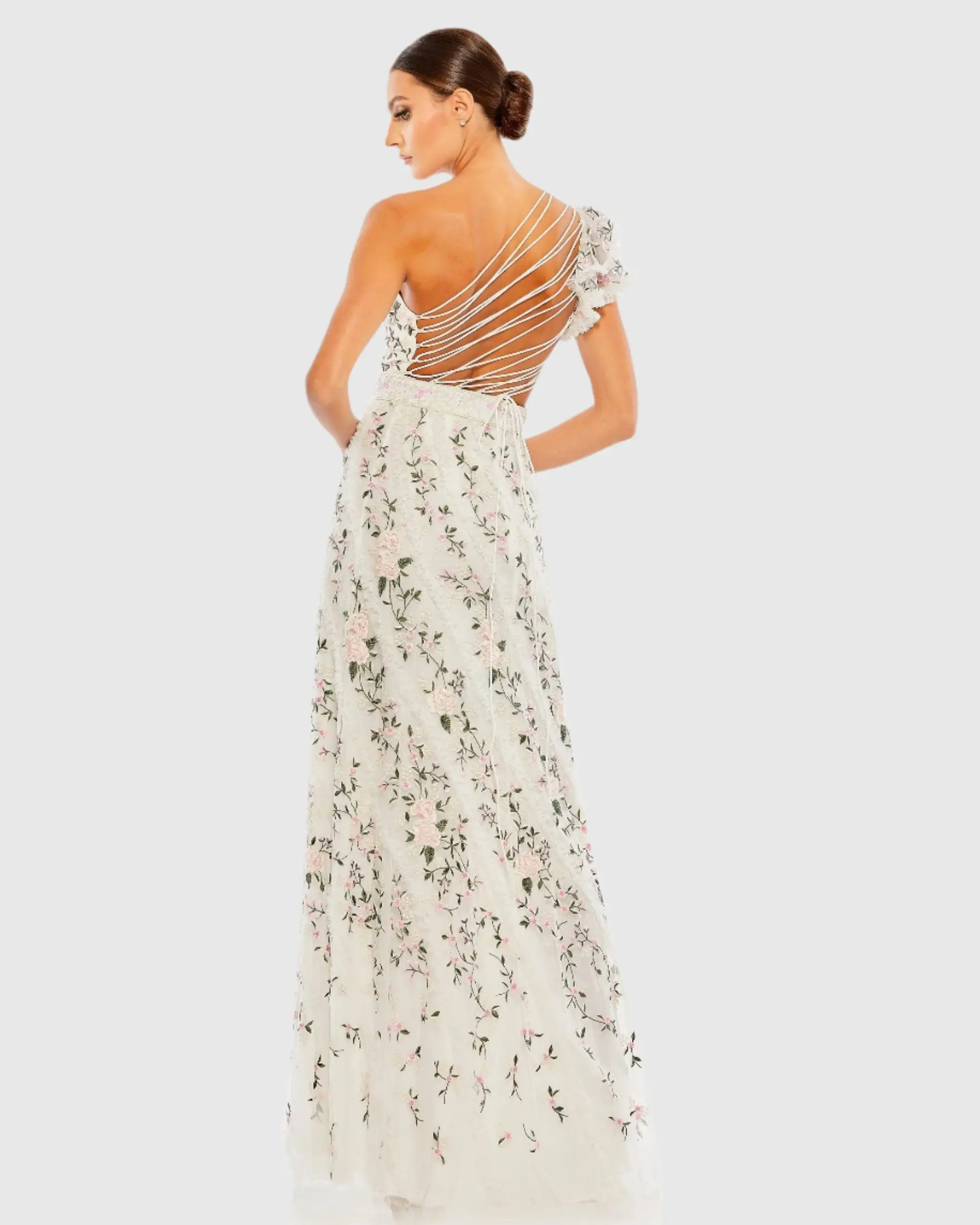 White Multicolor Embroidered Ruffled One Shoulder Lace Up Gown