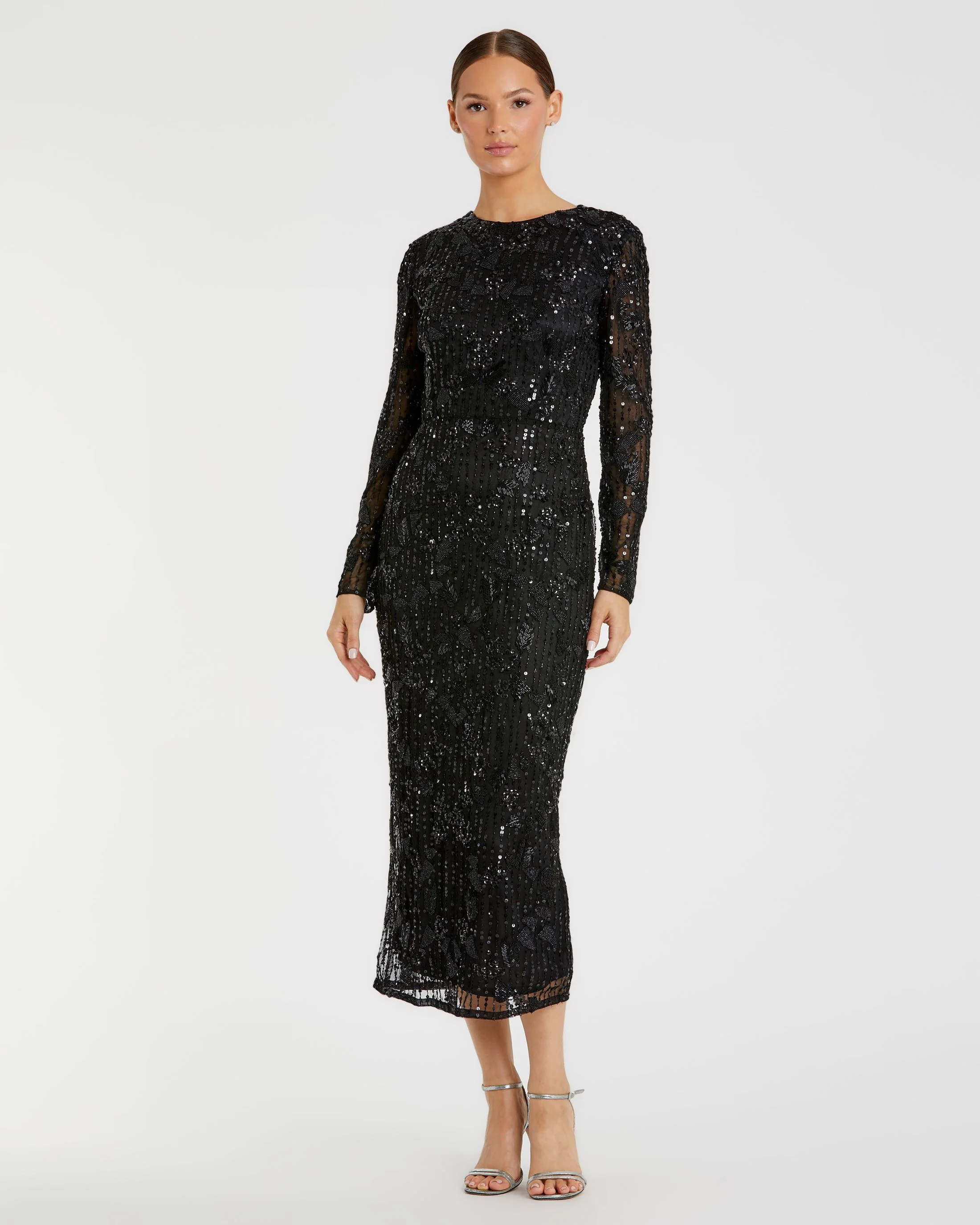 Black High Neck Long Sleeve Embellished Dress