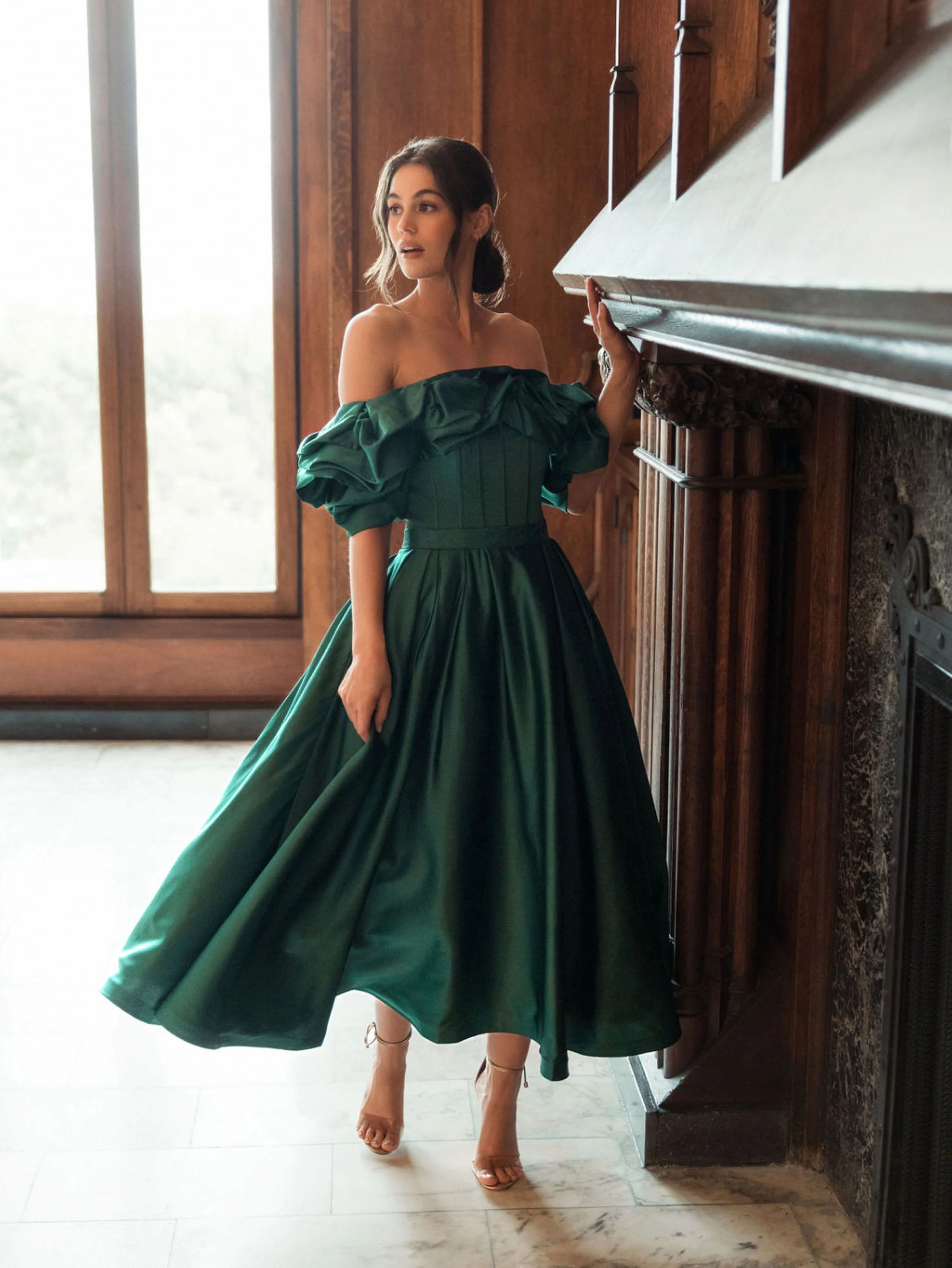 Emerald Off The Shoulder Tea Length Dress