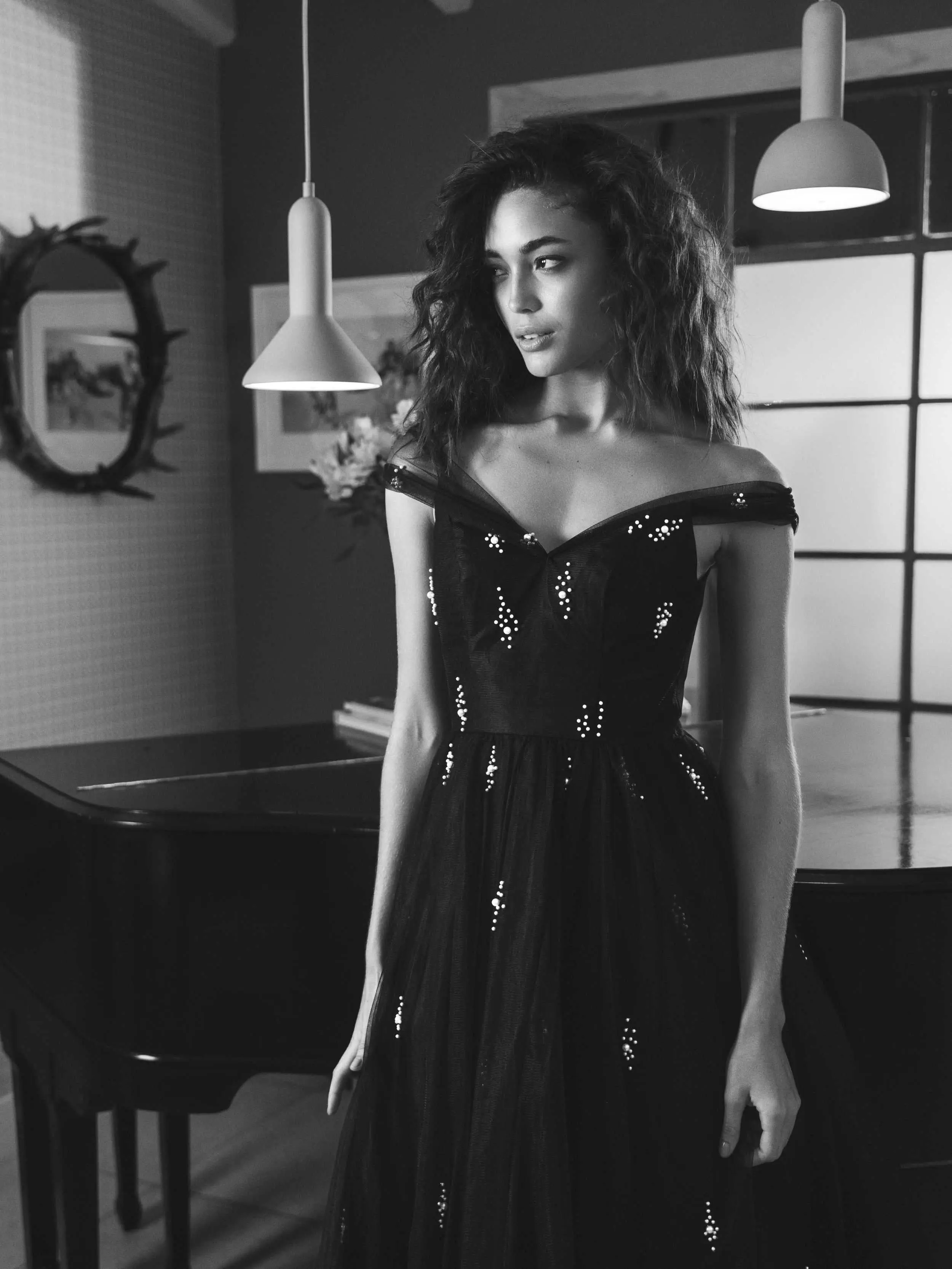 Black Off The Shoulder Embellished Tulle Cocktail Dress