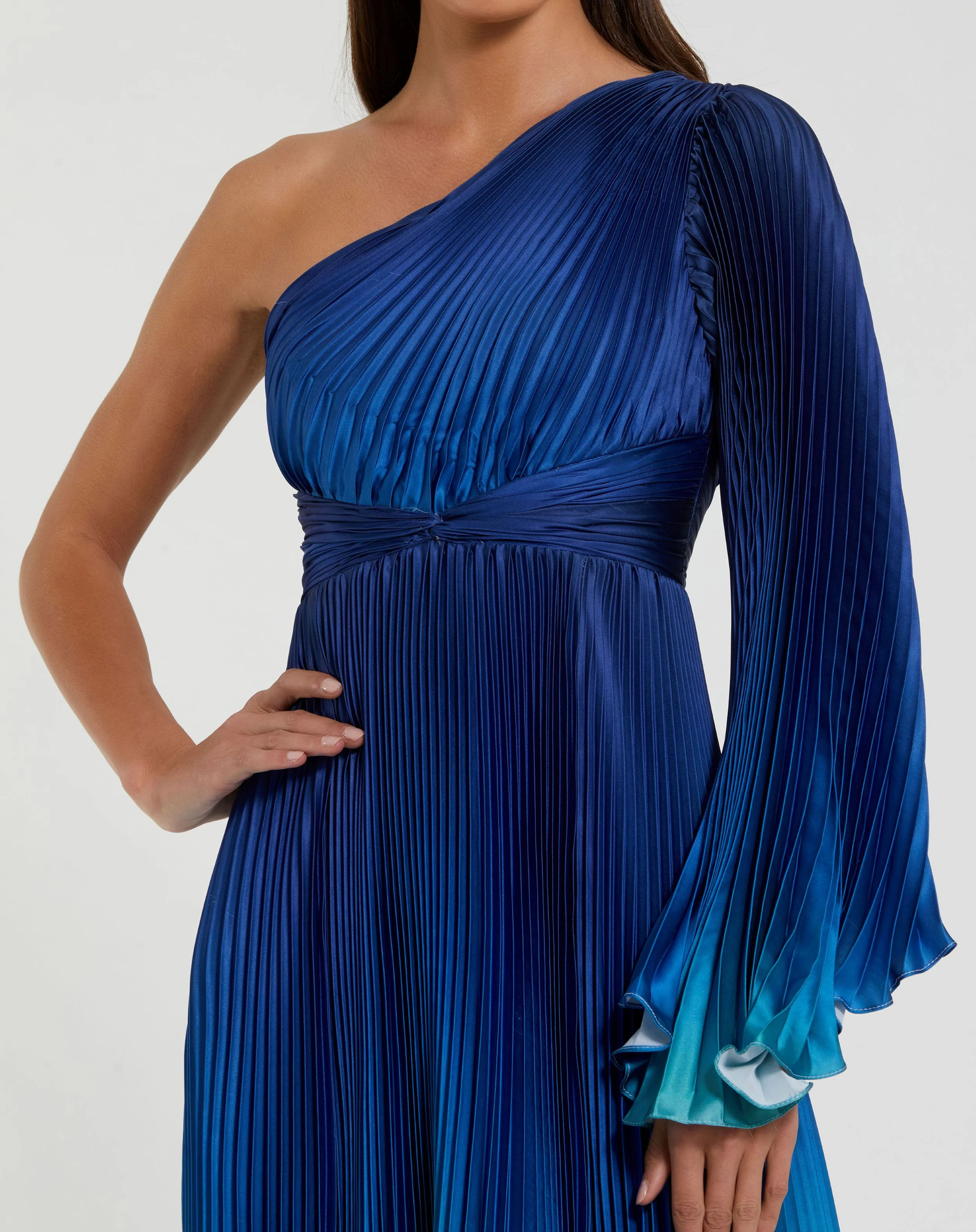 Blue Ombre Pleated Charmeuse Flare Sleeve Gown
