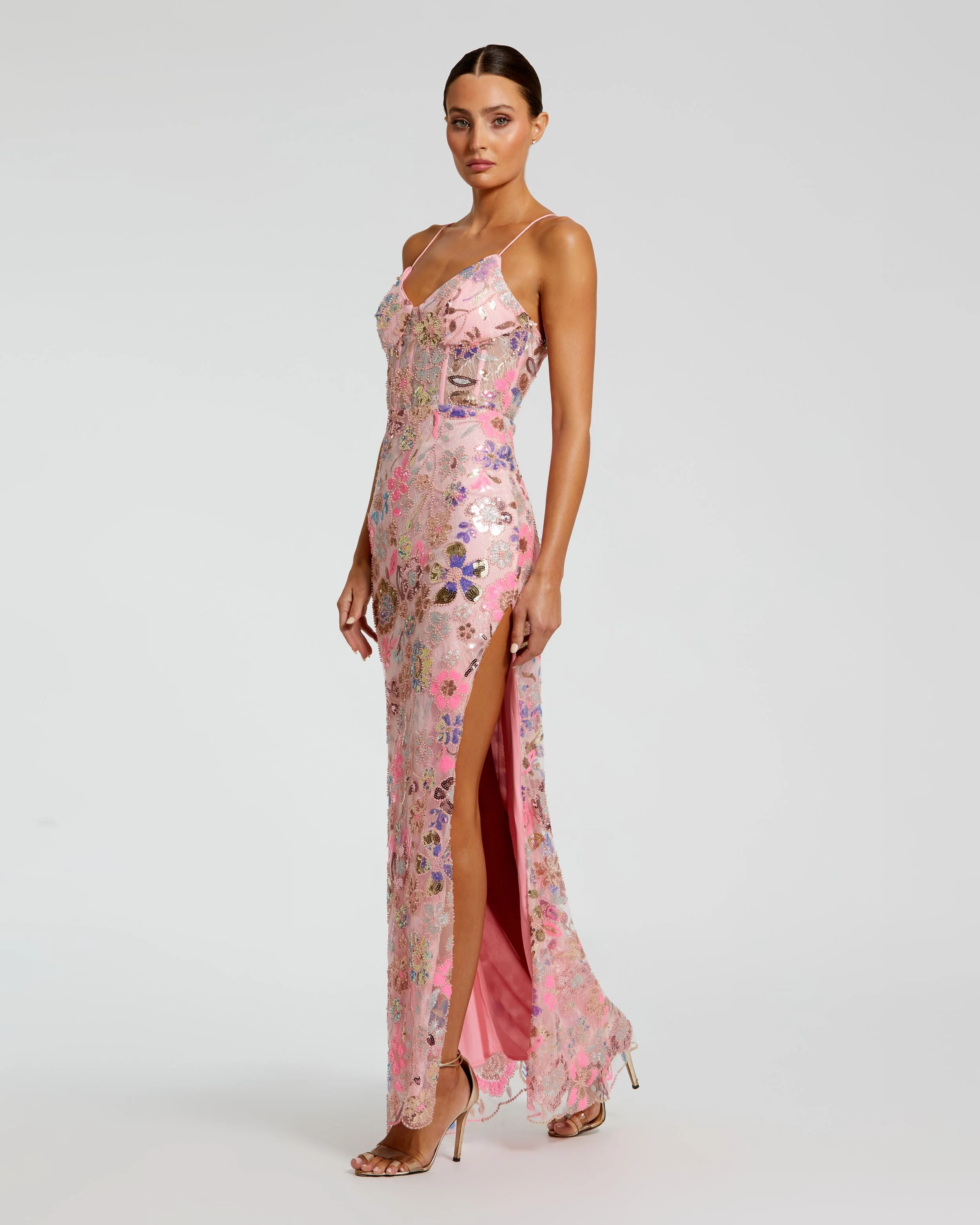 Pink Spaghetti Strap Bustier Applique Gown with Slit