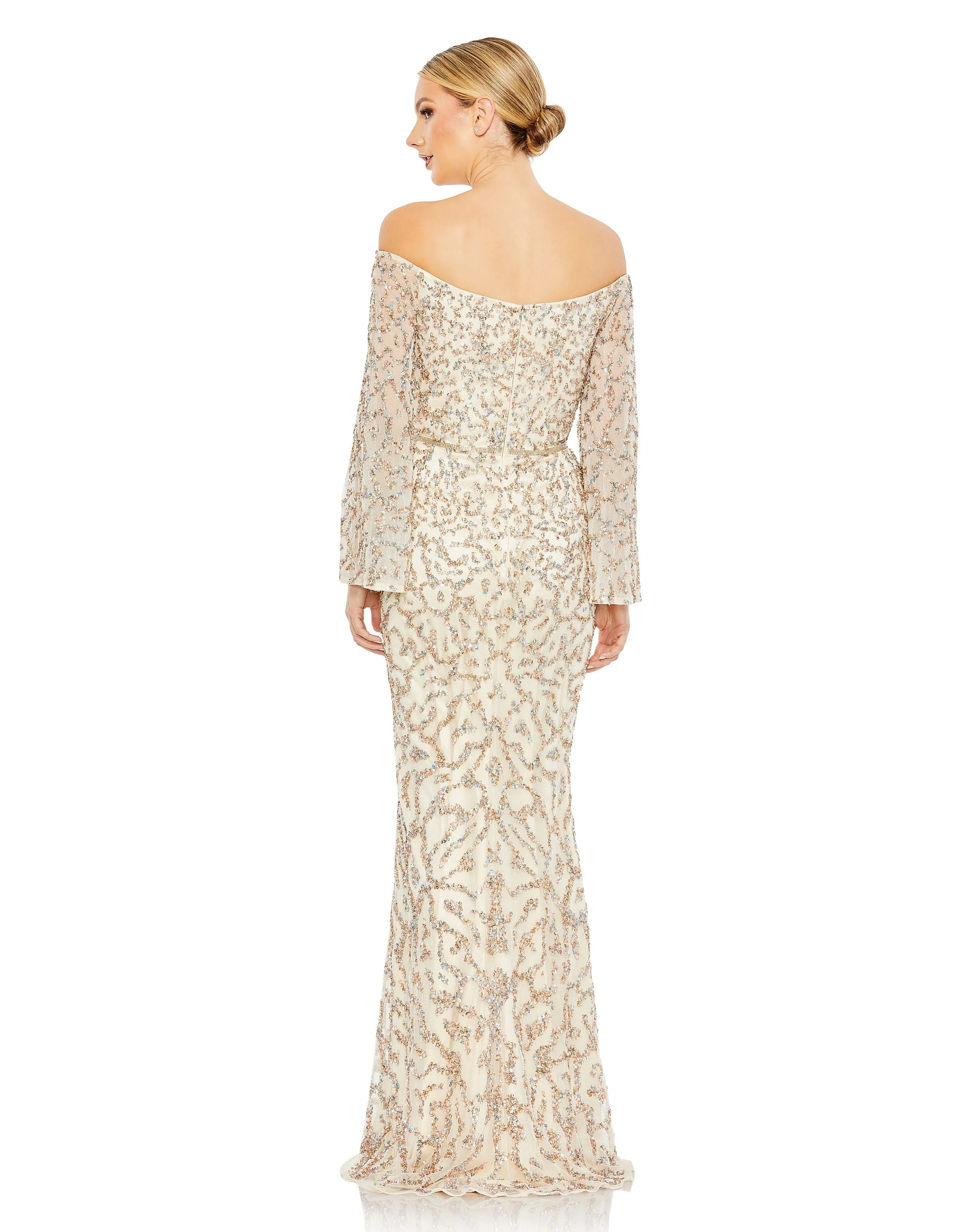 Sequined 3/4 Sleeve Square Neck Trumpet Gown | Sample | Sz. 4