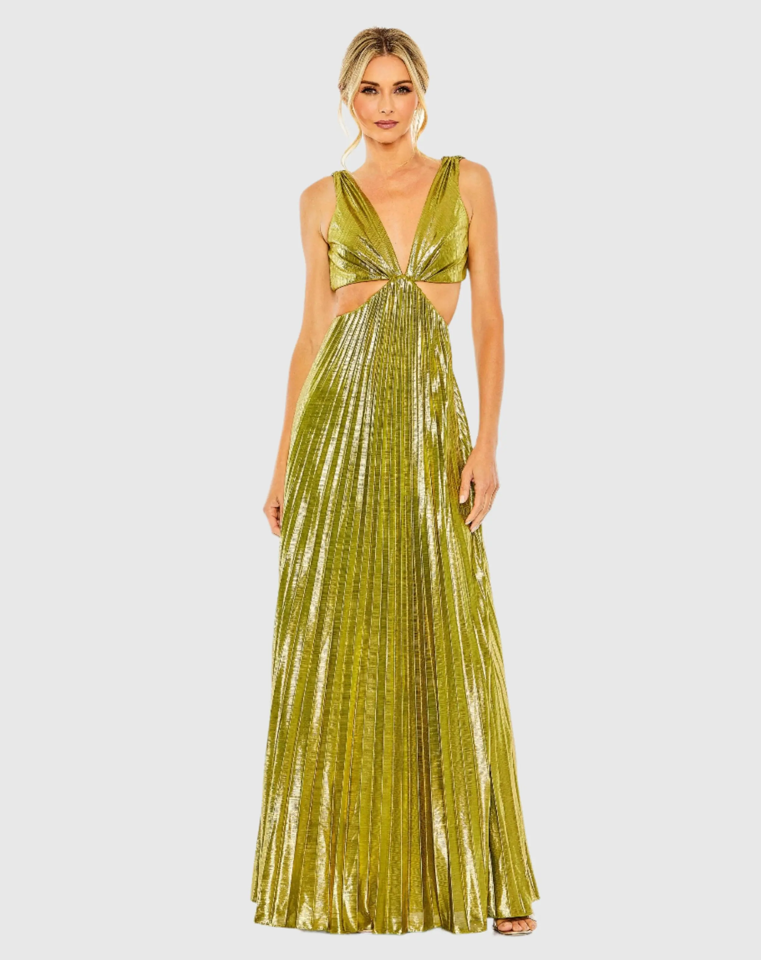 Green Pleated Metallic Cutout Gown