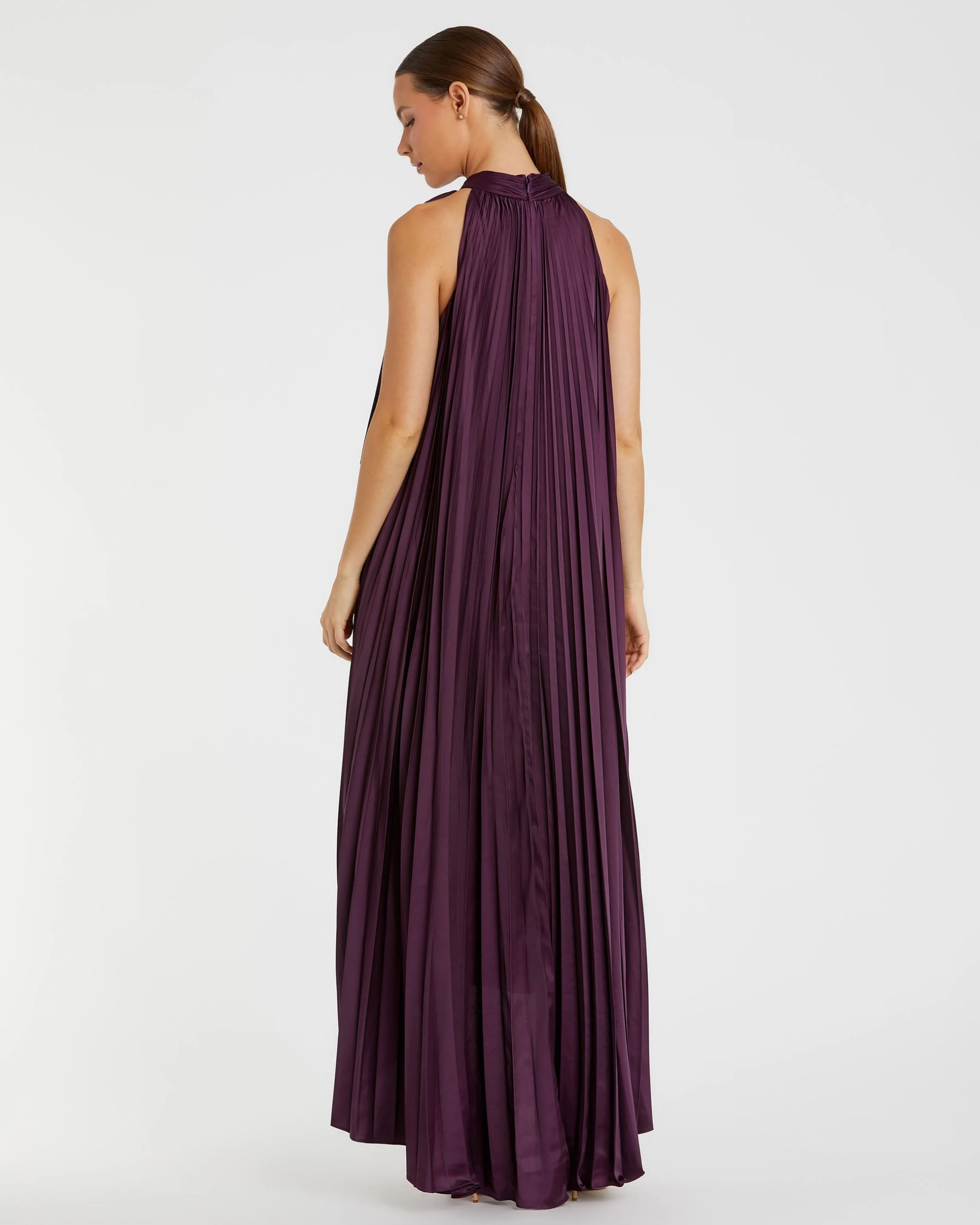 Purple Pleated Halter Neck High Low Gown