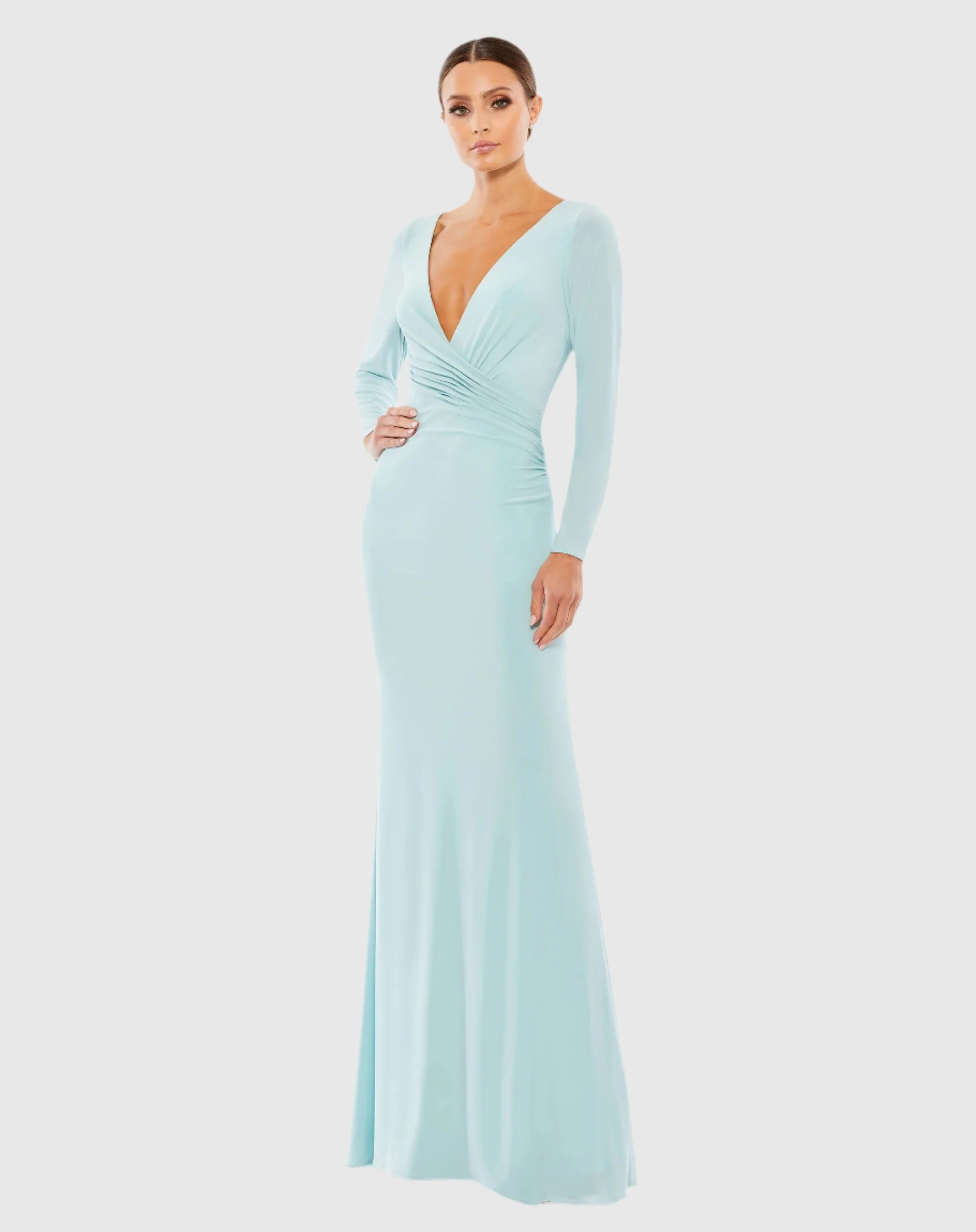 Blue Long Sleeve Ruched Jersey V-Neck Gown