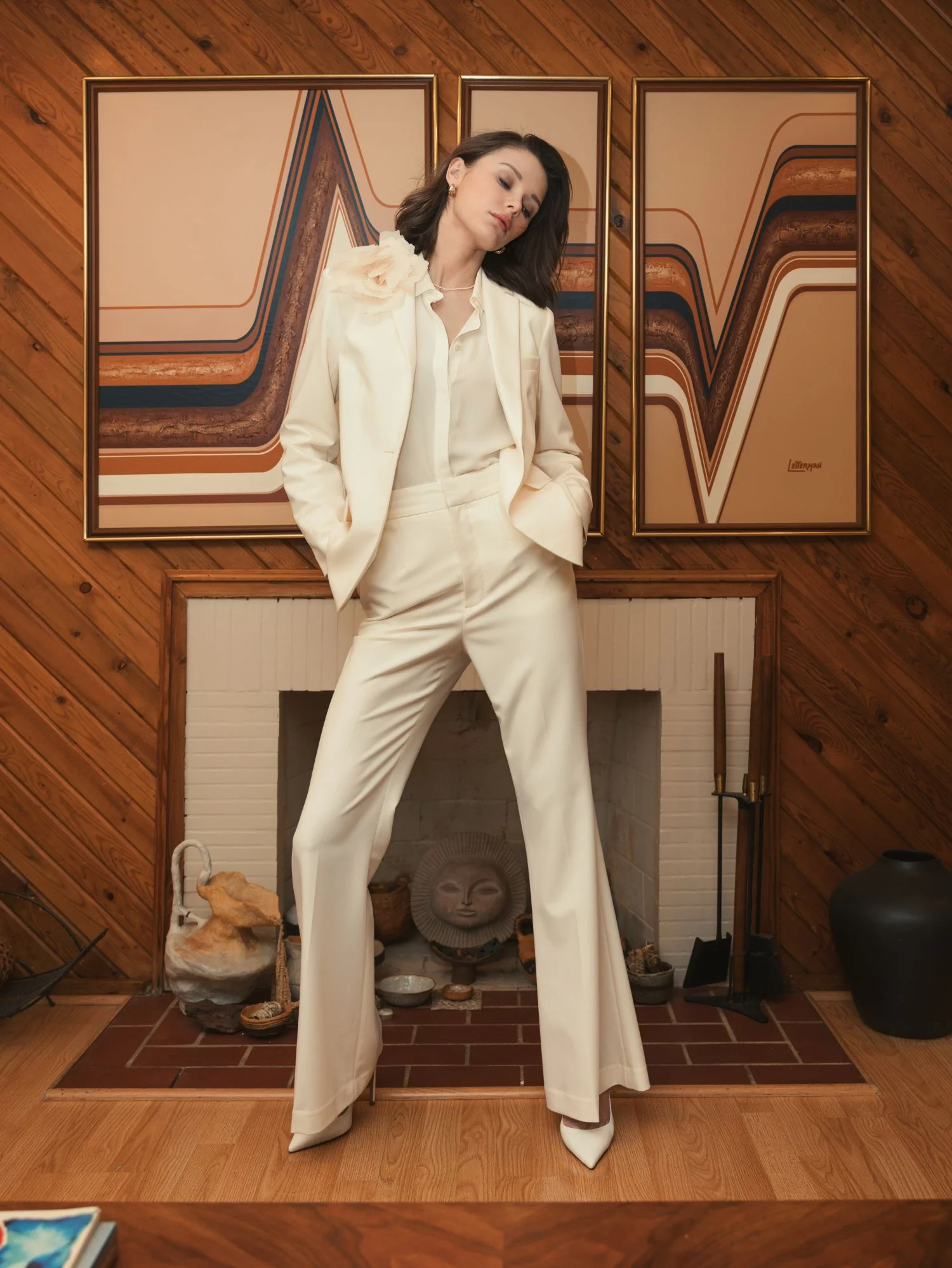 Ivory Classic Crepe Blazer Jacket With Flower - FINAL SALE