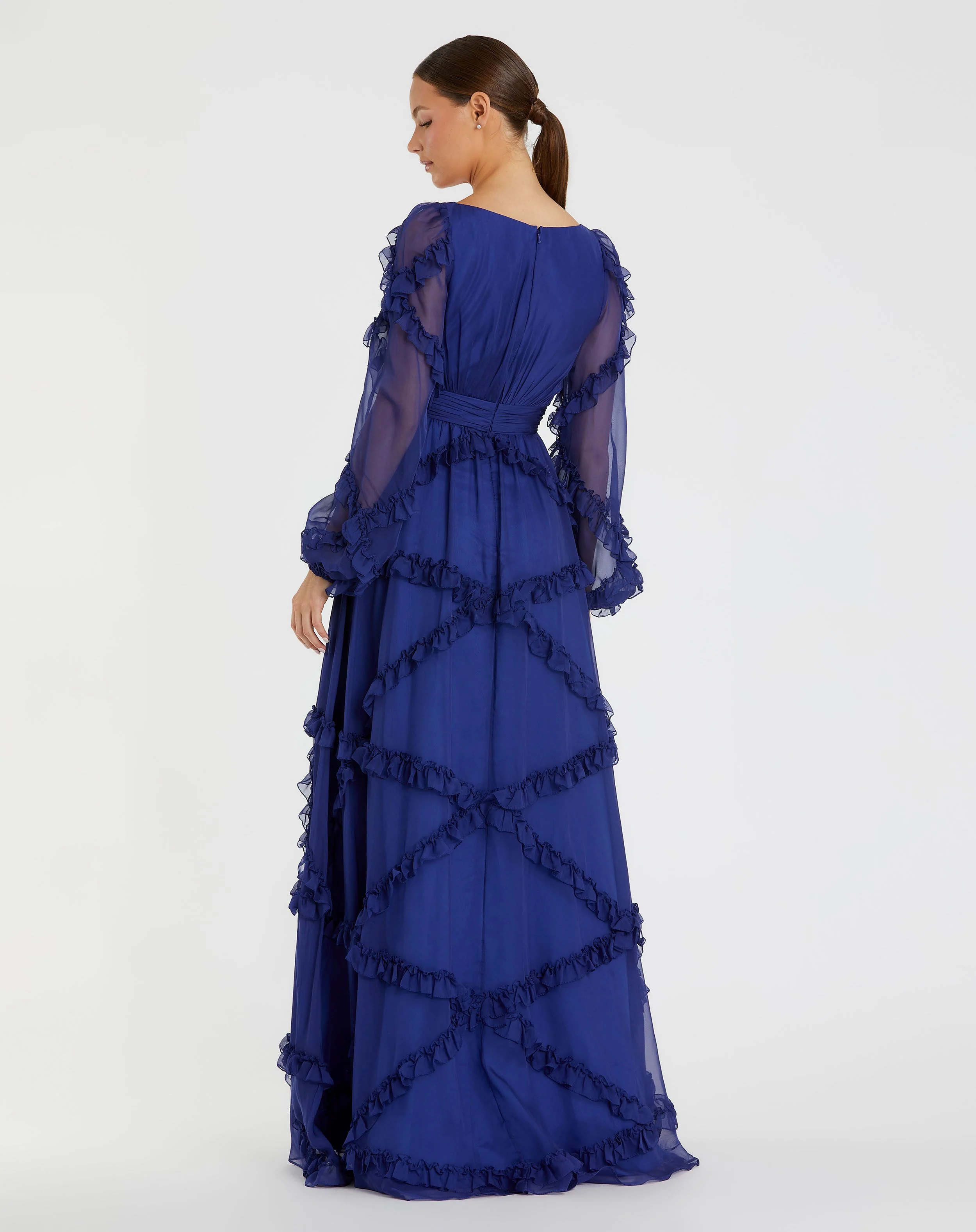 Blue Cascade Ruffle Puff Sleeve A Line Gown