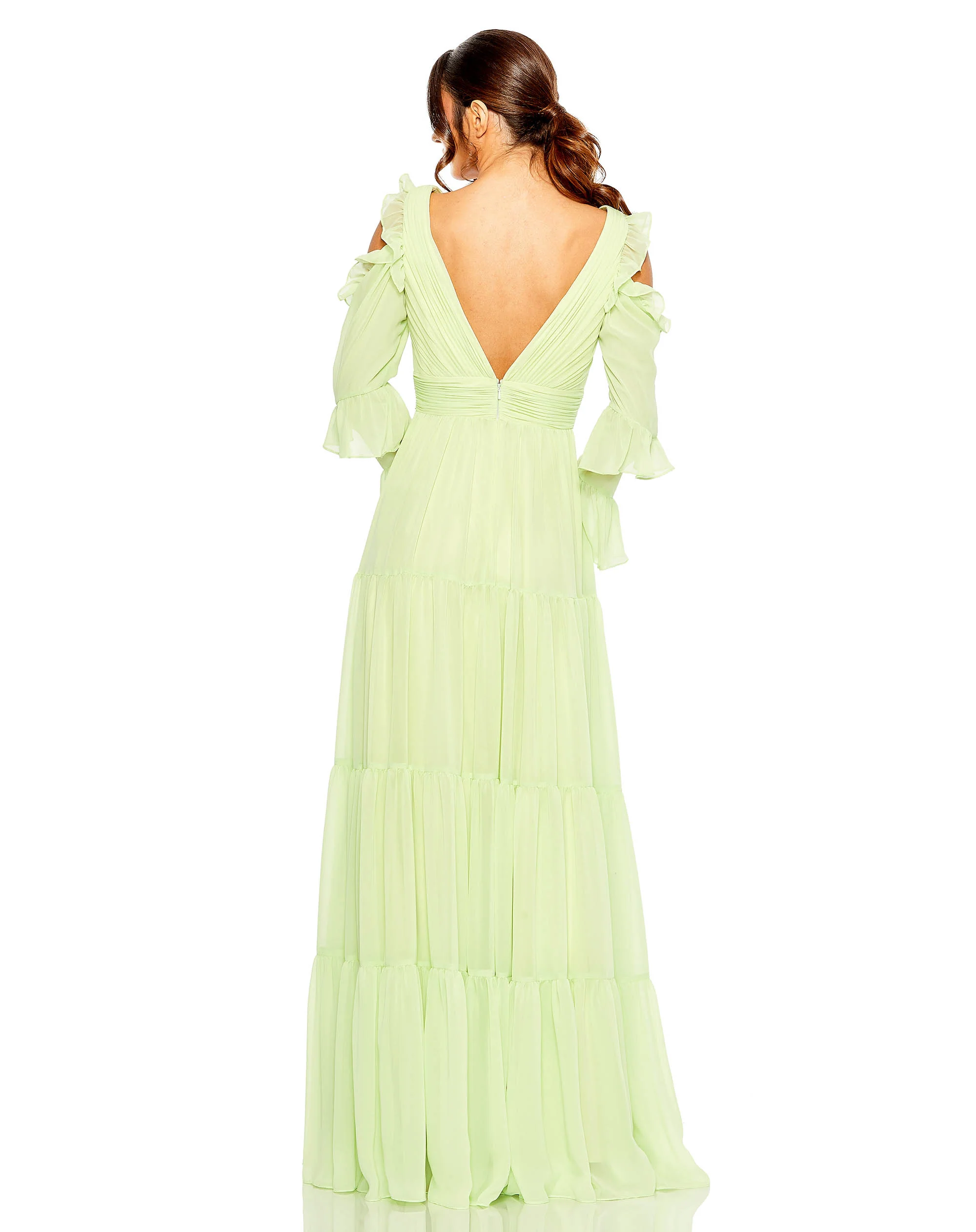 Green Drop Shoulder Ruffle Sleeve Tiered Gown | Sample | Sz. 2