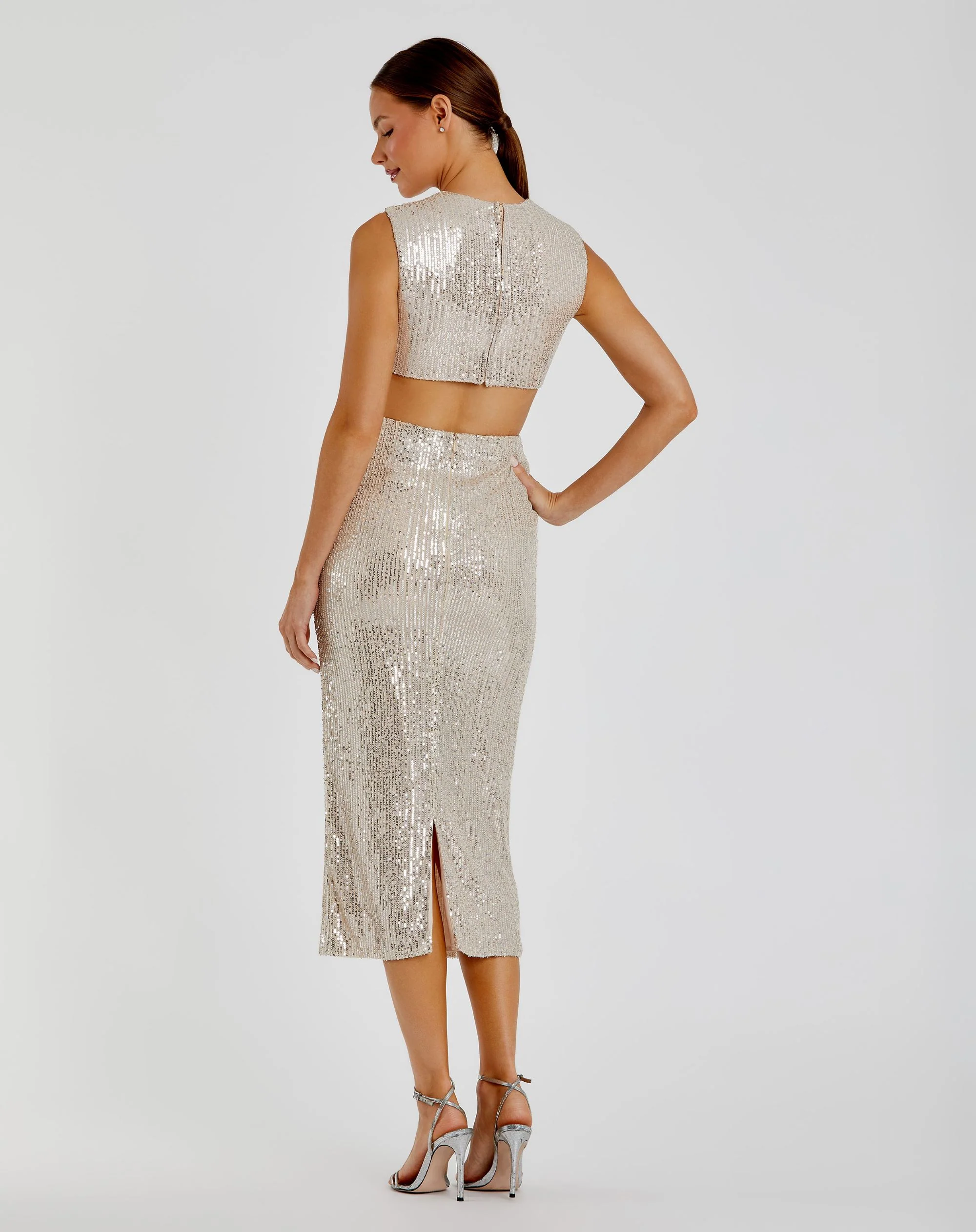 Silver Sequin Front Twist Cut Out Column Dress - FINAL SALE
