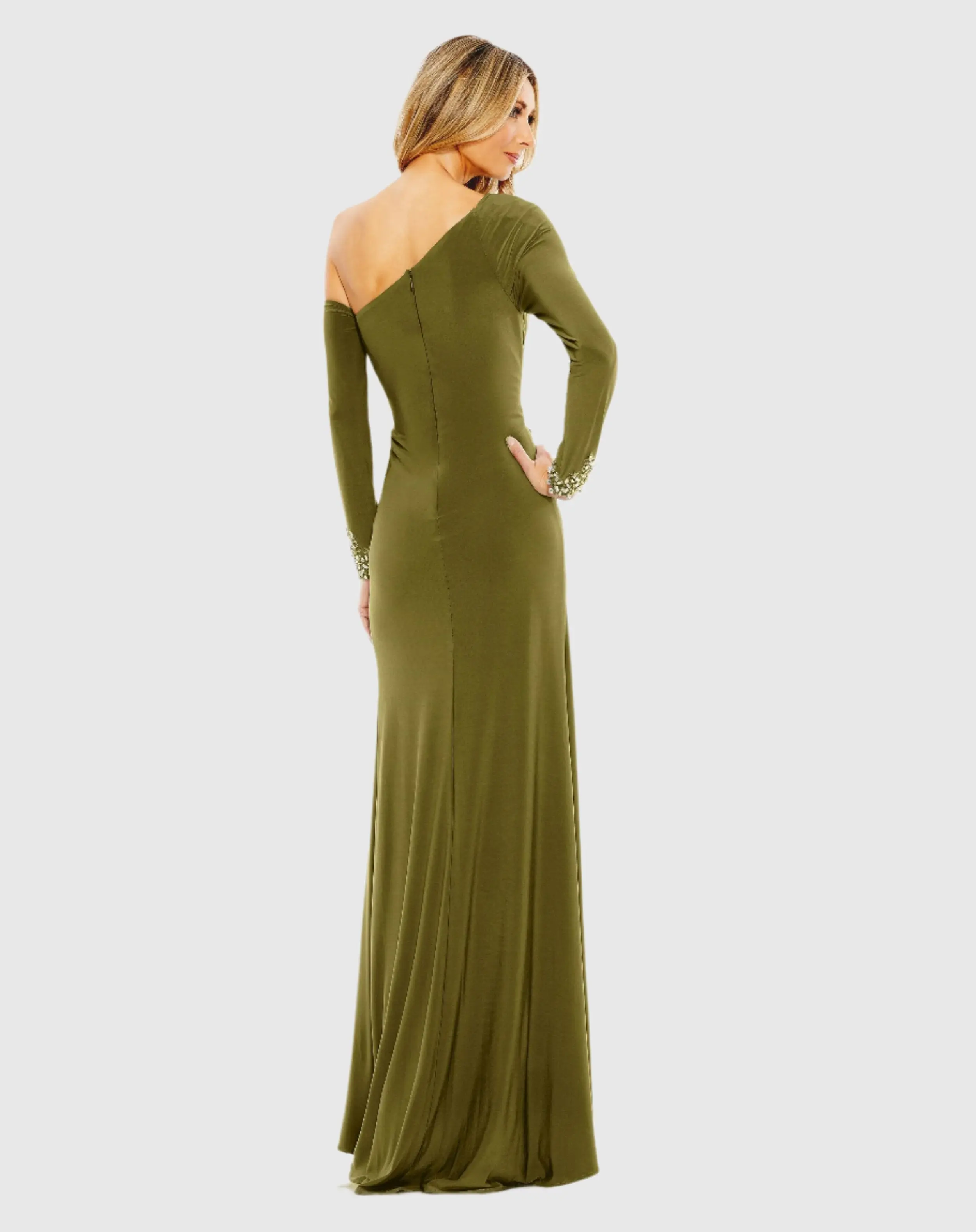 Green Side Twist Drop Shoulder Beaded Cuff Gown
