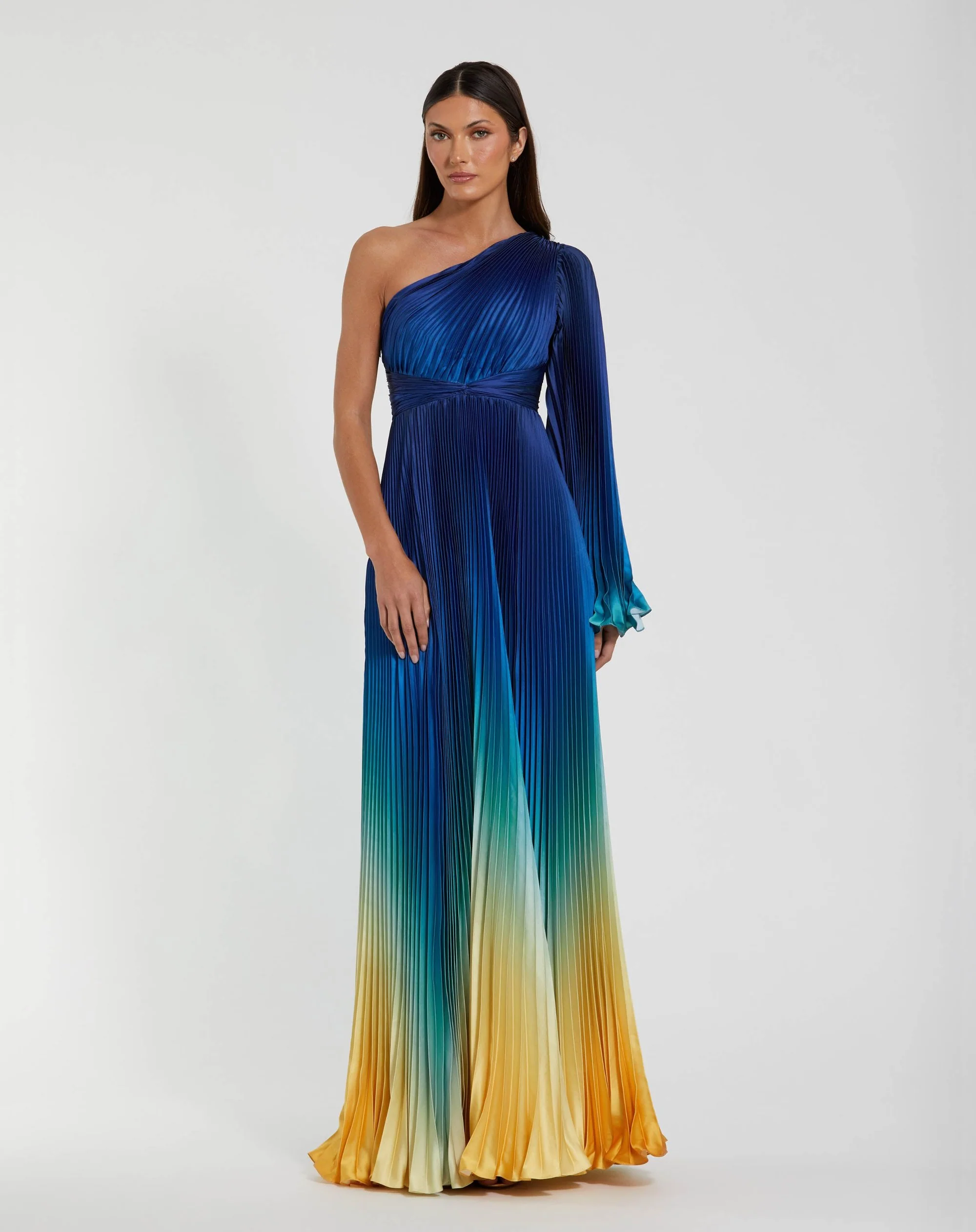 Blue Ombre Pleated Charmeuse Flare Sleeve Gown