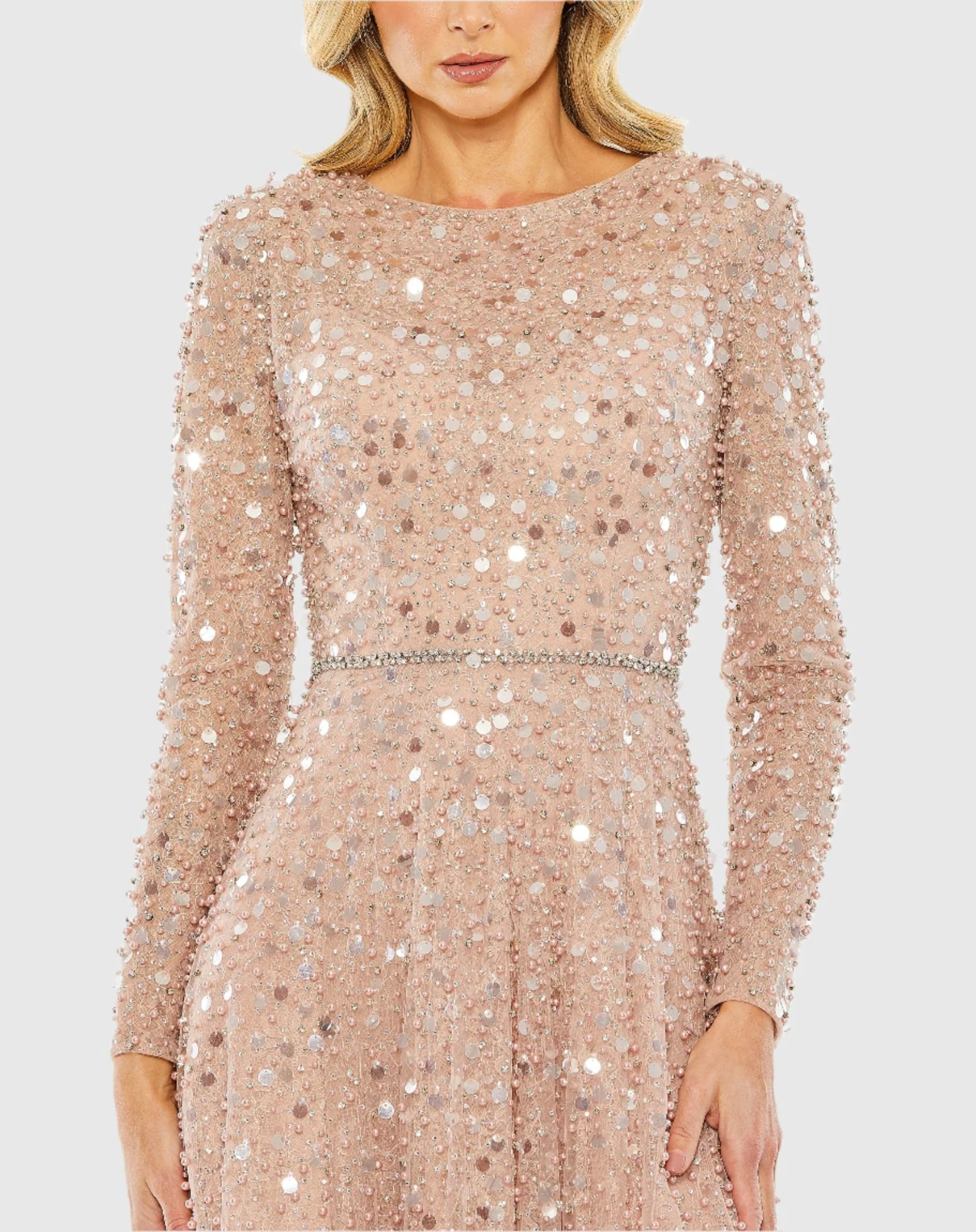 Pink Disc Embellished Sequin Gown with Feather Detail