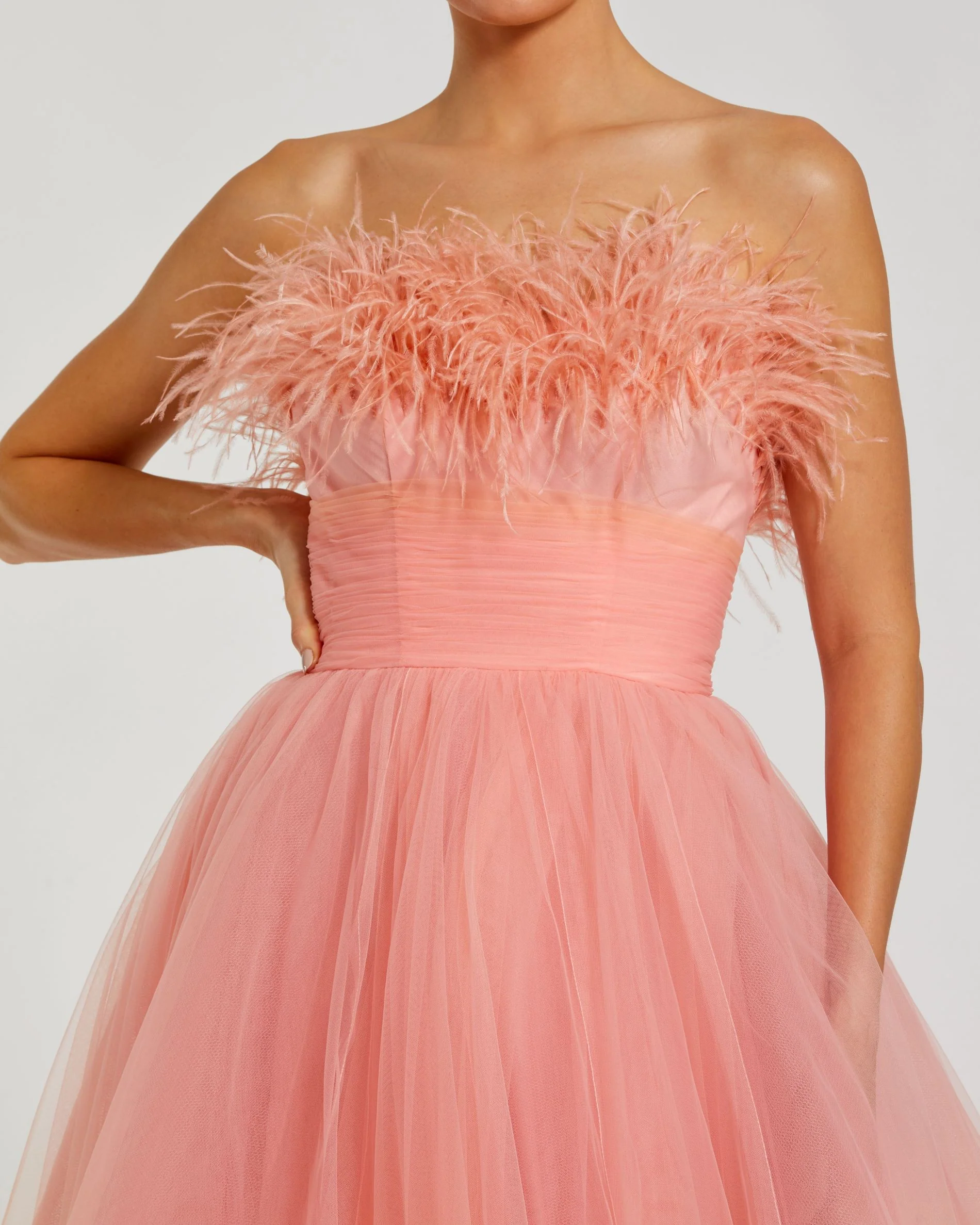 Orange and Pink Ombre Strapless Feather Bodice Tulle Gown