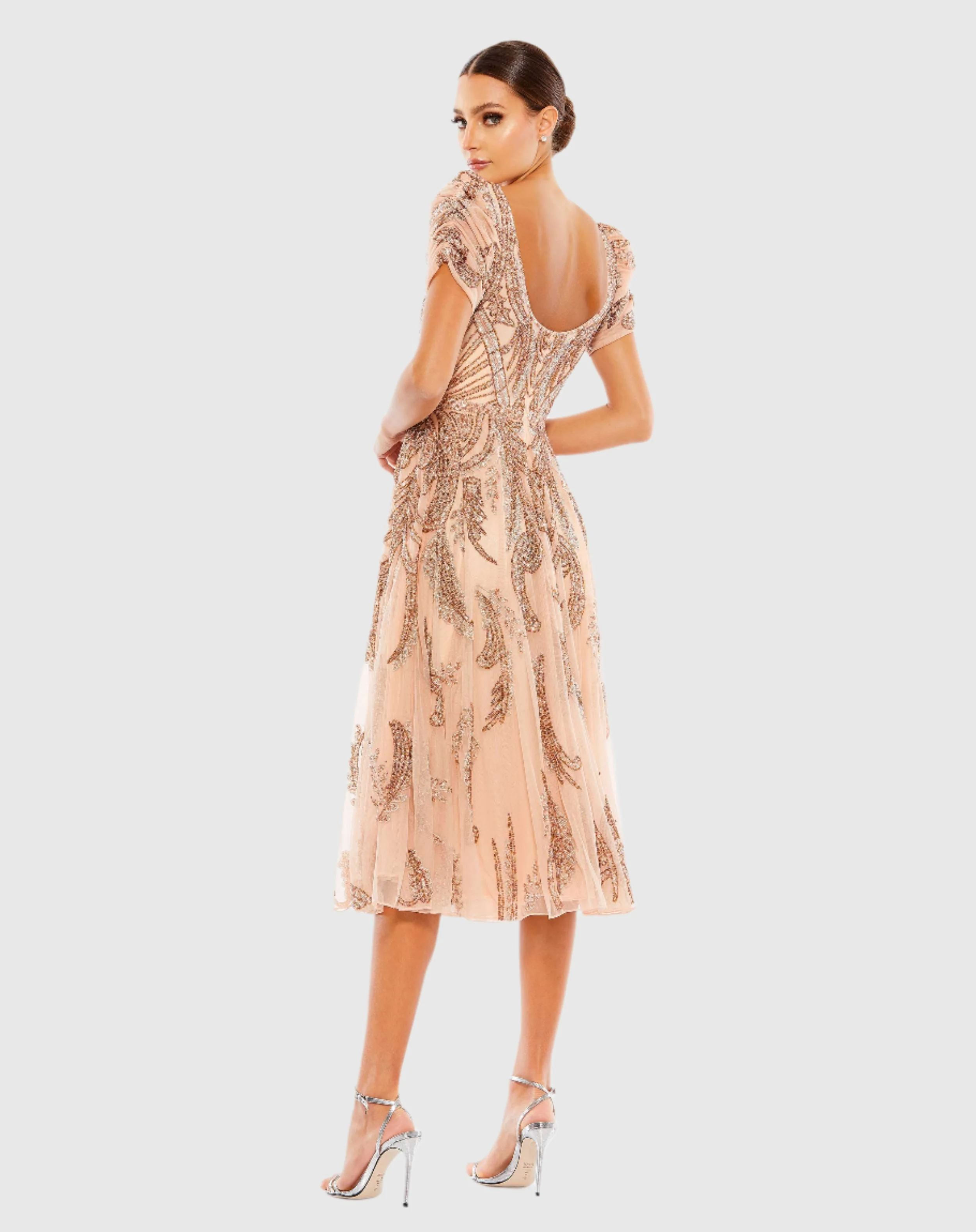 Beige Short Sleeve Beaded A-line Tea Length Dress