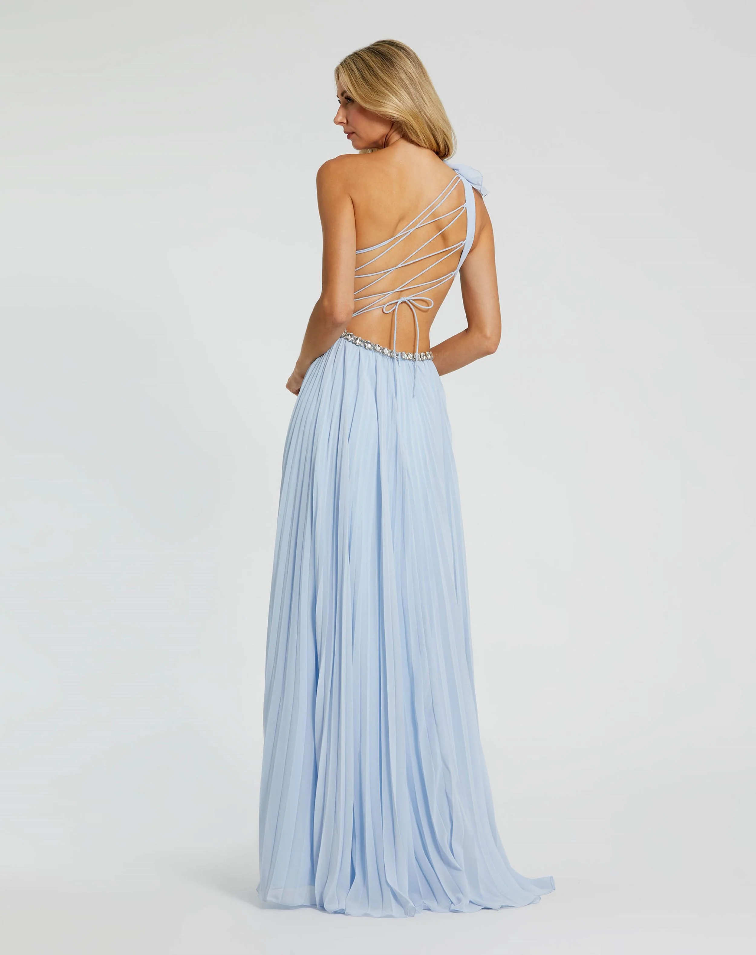 Blue Floral Detail One Shoulder Gown With Side Slit