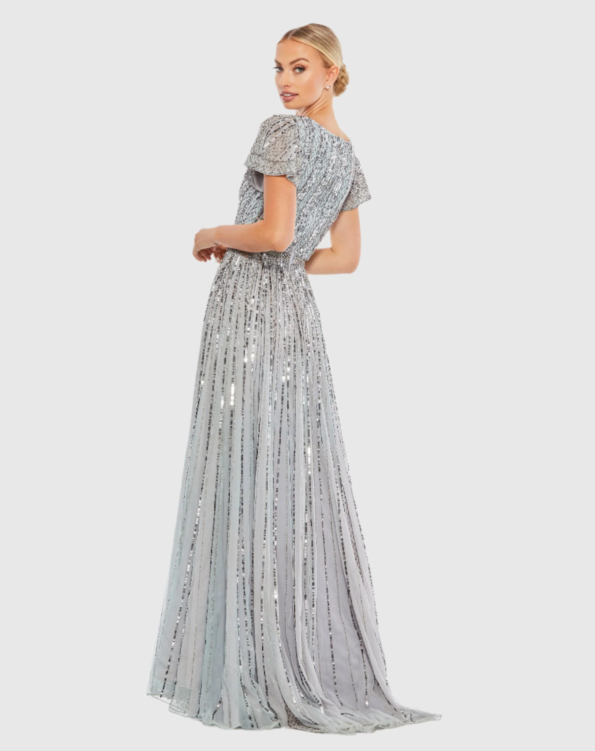 Blue Stripe Sequin V-Neck Gown