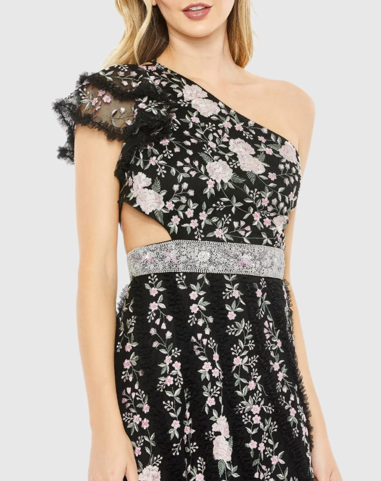 Black Multicolor Embroidered Ruffled One Shoulder Lace Up Gown