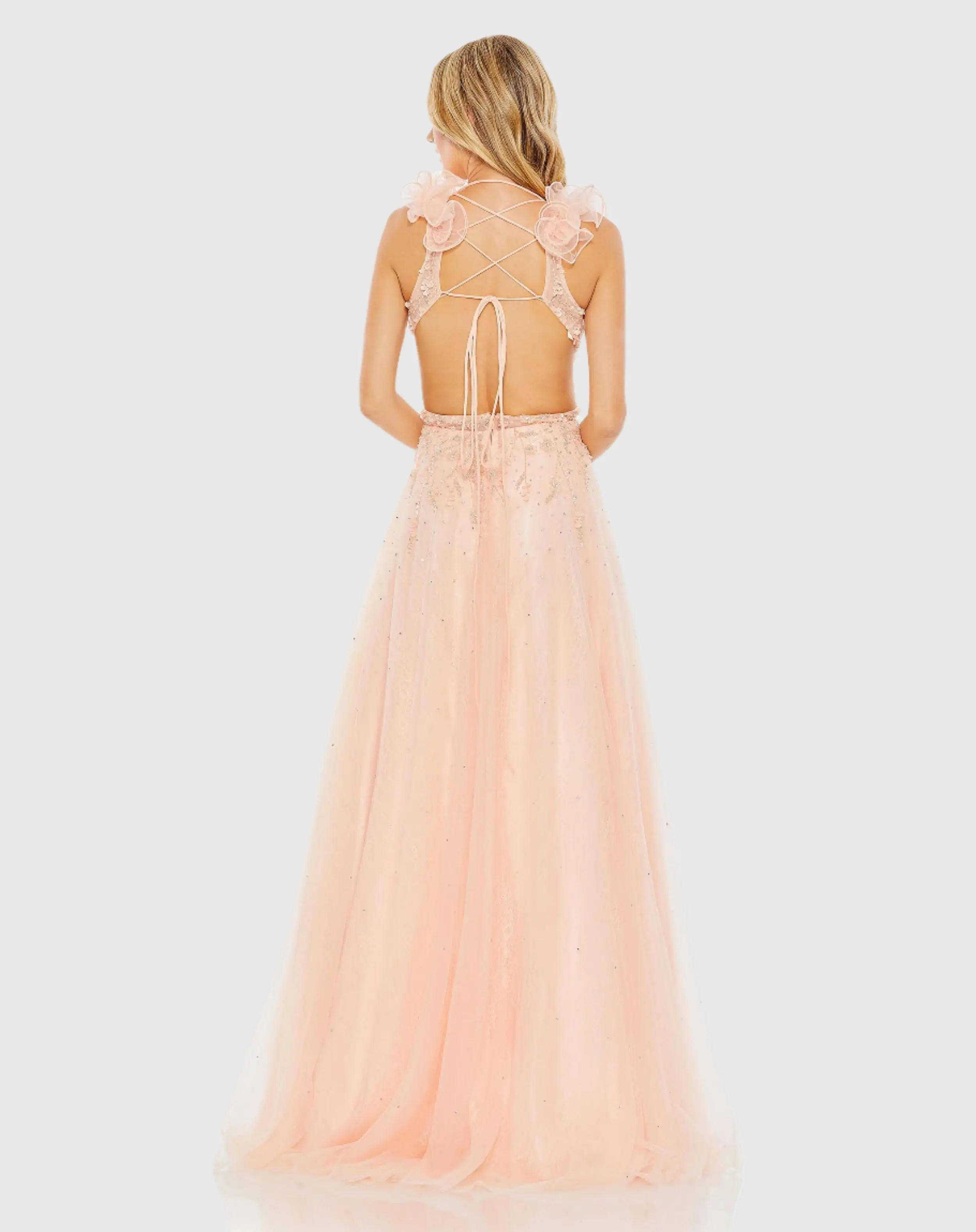 Embellished Ruffle Shoulder Cut Out A Line Gown