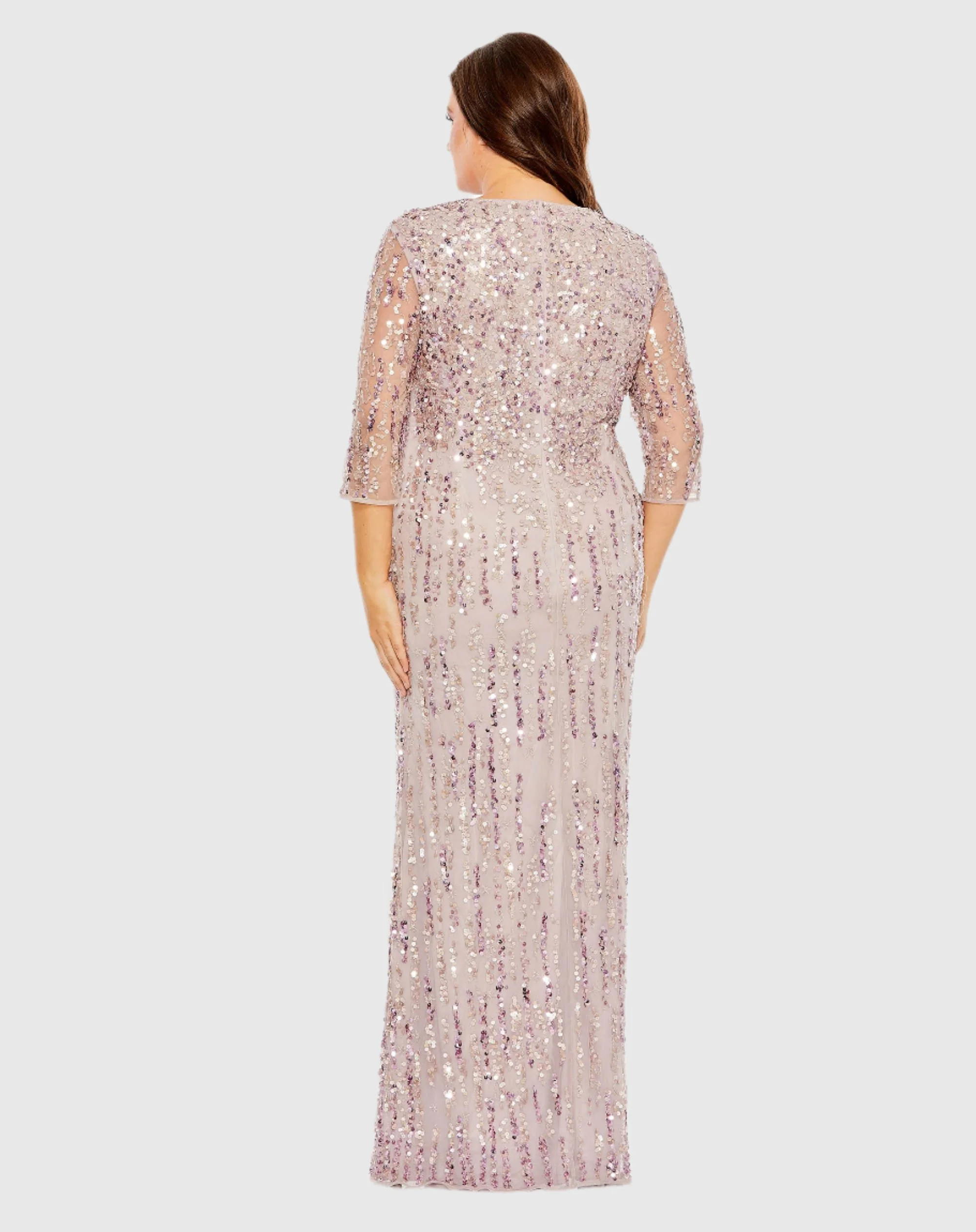 Purple Mid Length Mesh Sleeve V Neck Embellished Gown