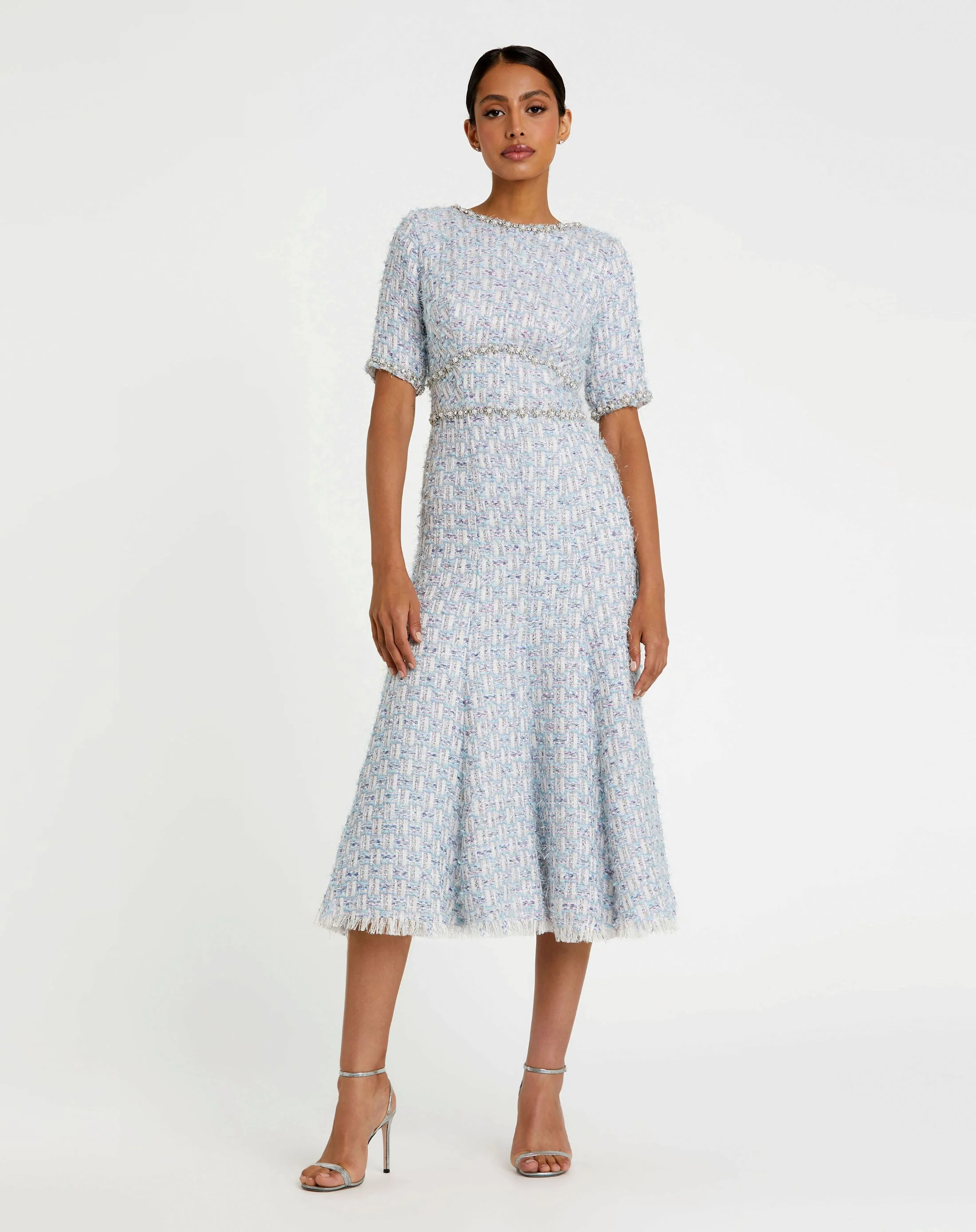 Blue Short Sleeve Beaded Trim Boucle Midi Dress