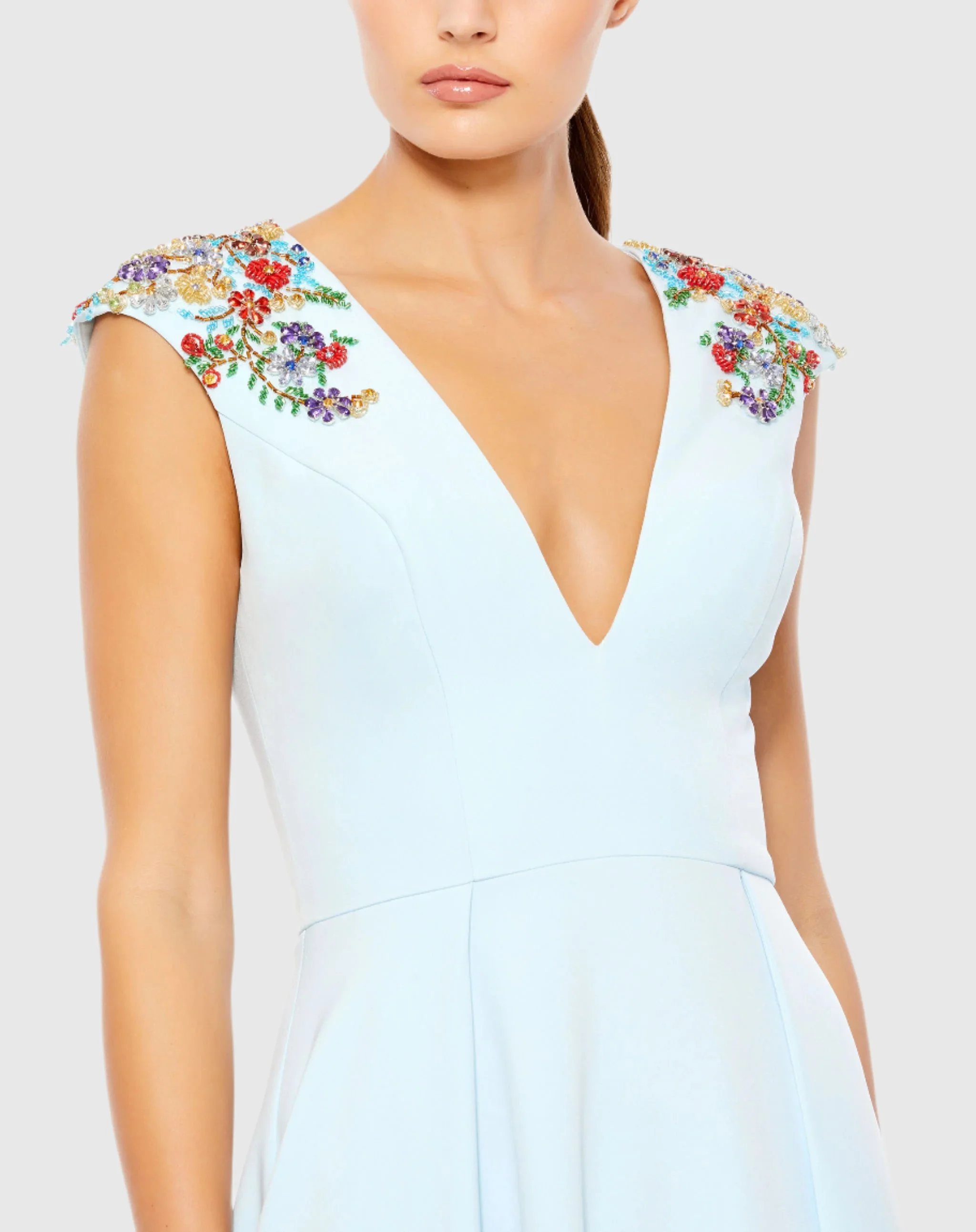 Light Blue Beaded Cap Sleeve V Neck A Line Gown