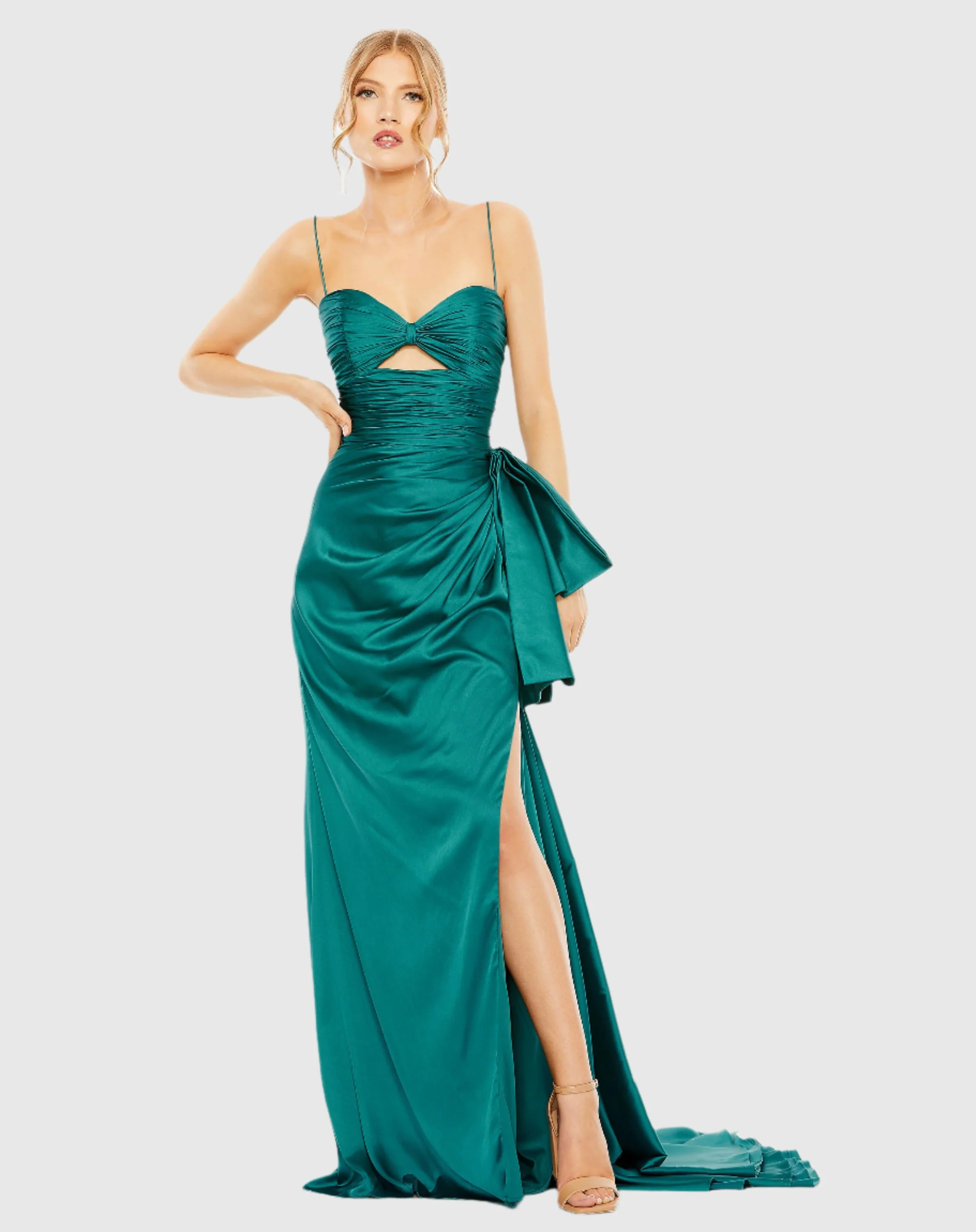 Green Spaghetti Strap Cut Out Side Bow Gown