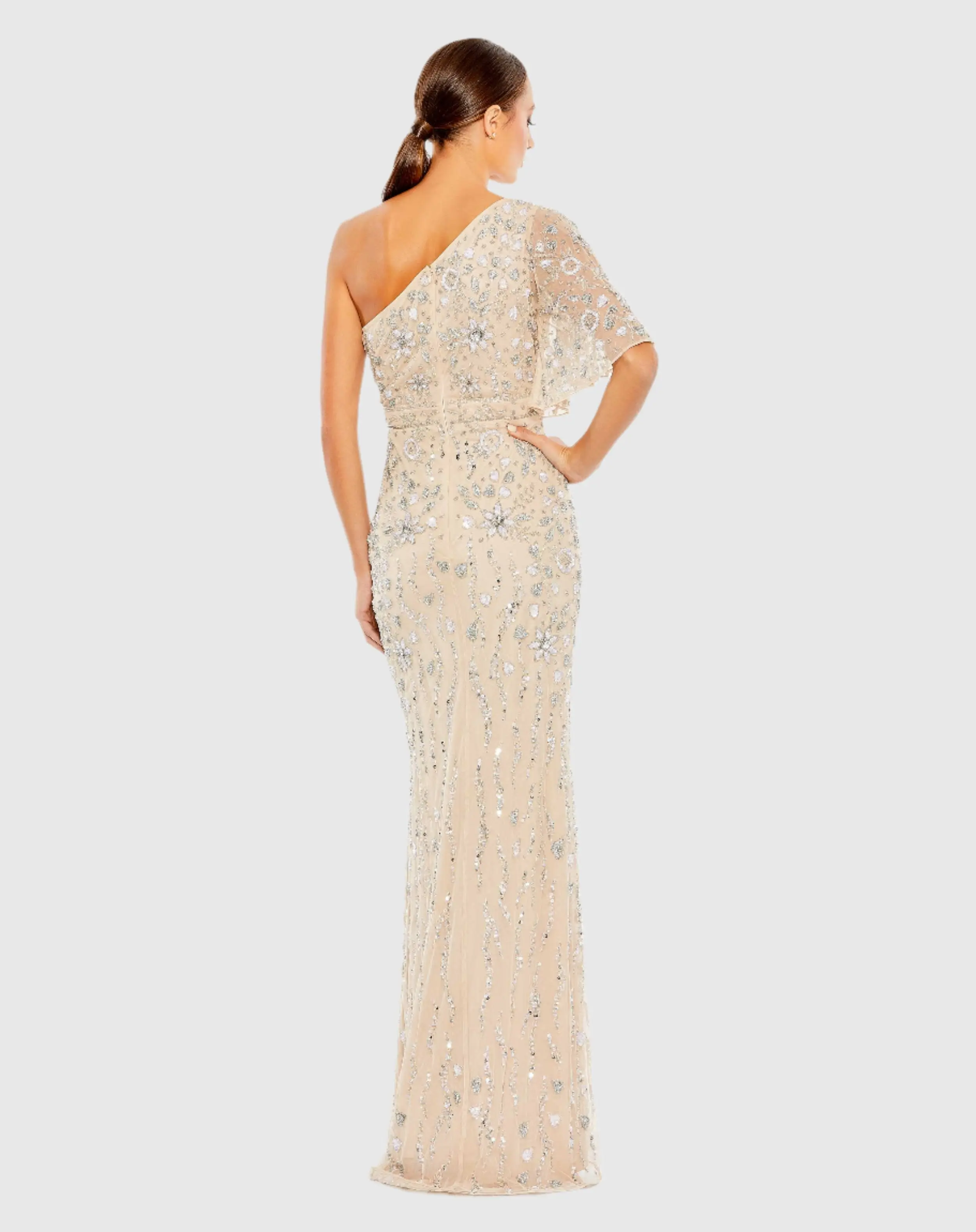 Embellished One Shoulder Draped Gown