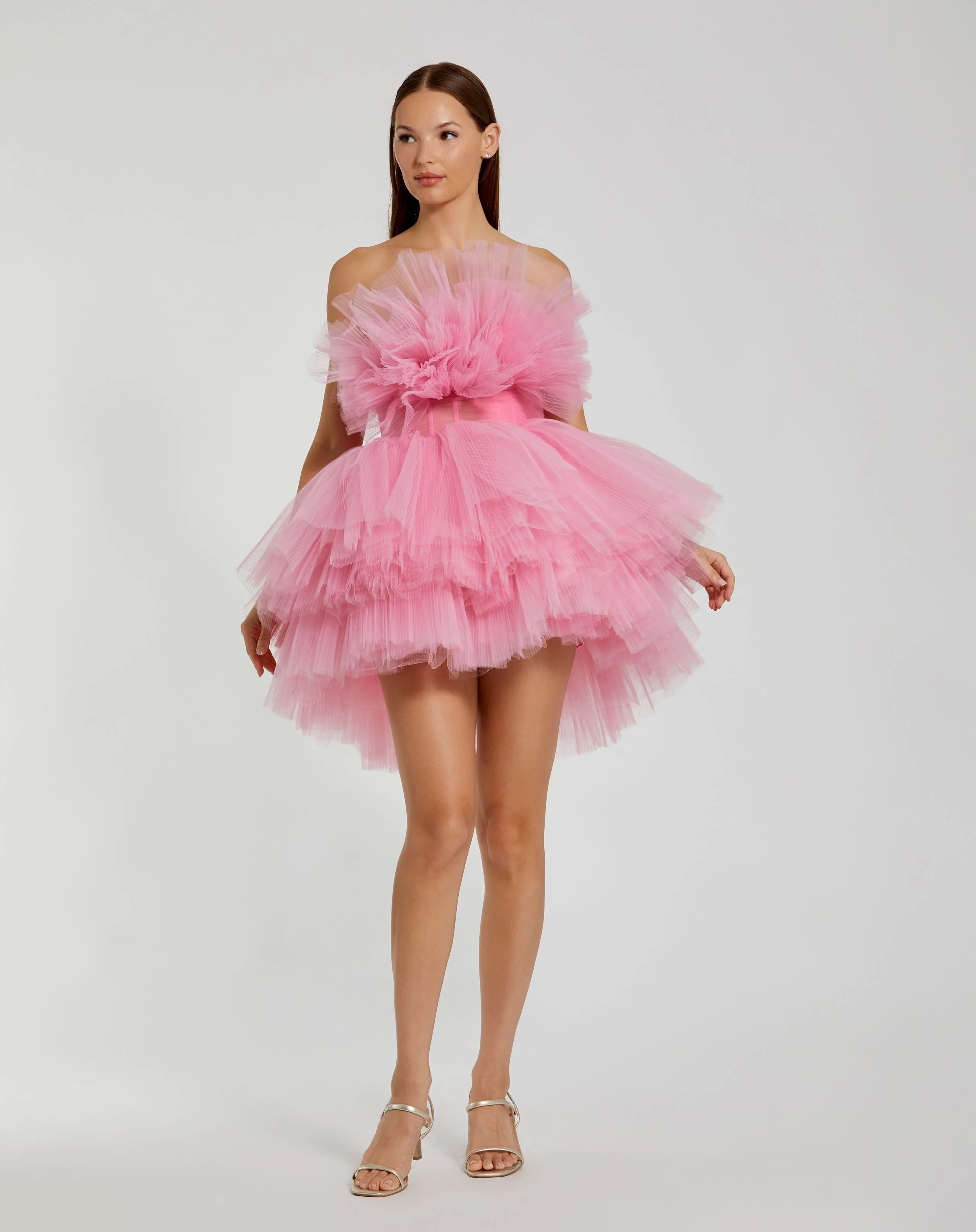 Pink Strapless Ruffled Tulle Mini Ballgown