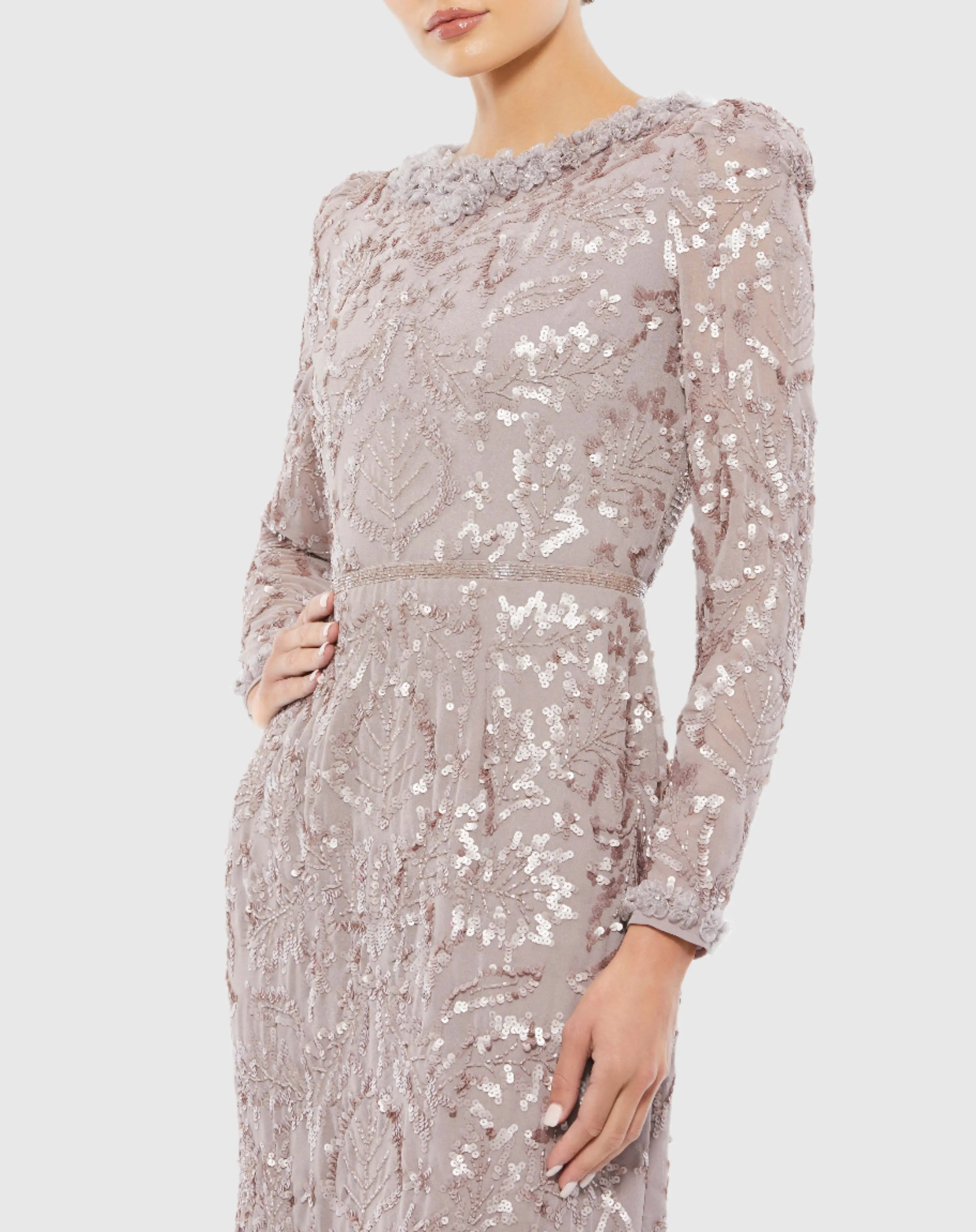 Light Purple Embellished High Neck Puff Sleeve Fitted Dress