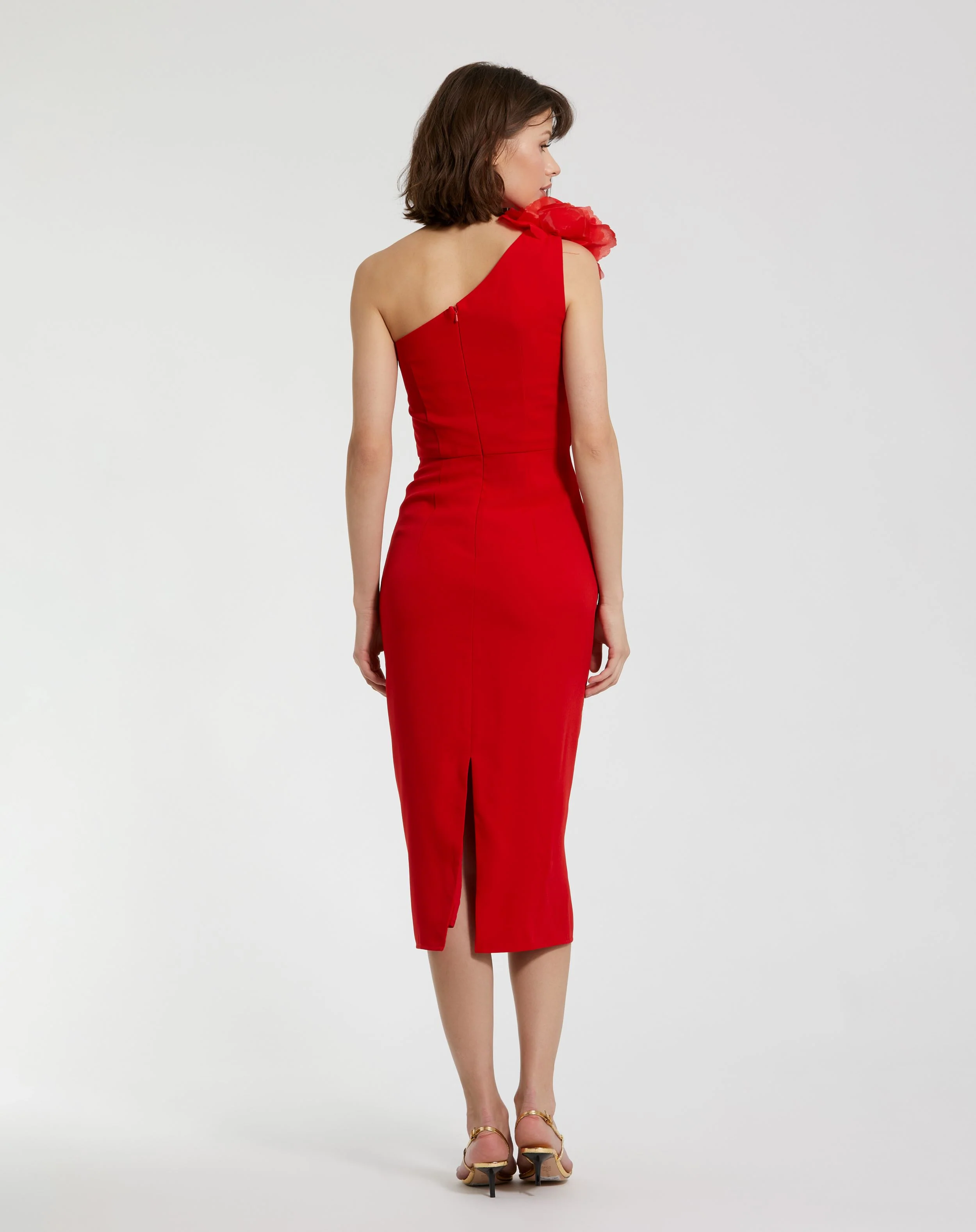 Red Crepe One Shoulder Midi Dress With Flower