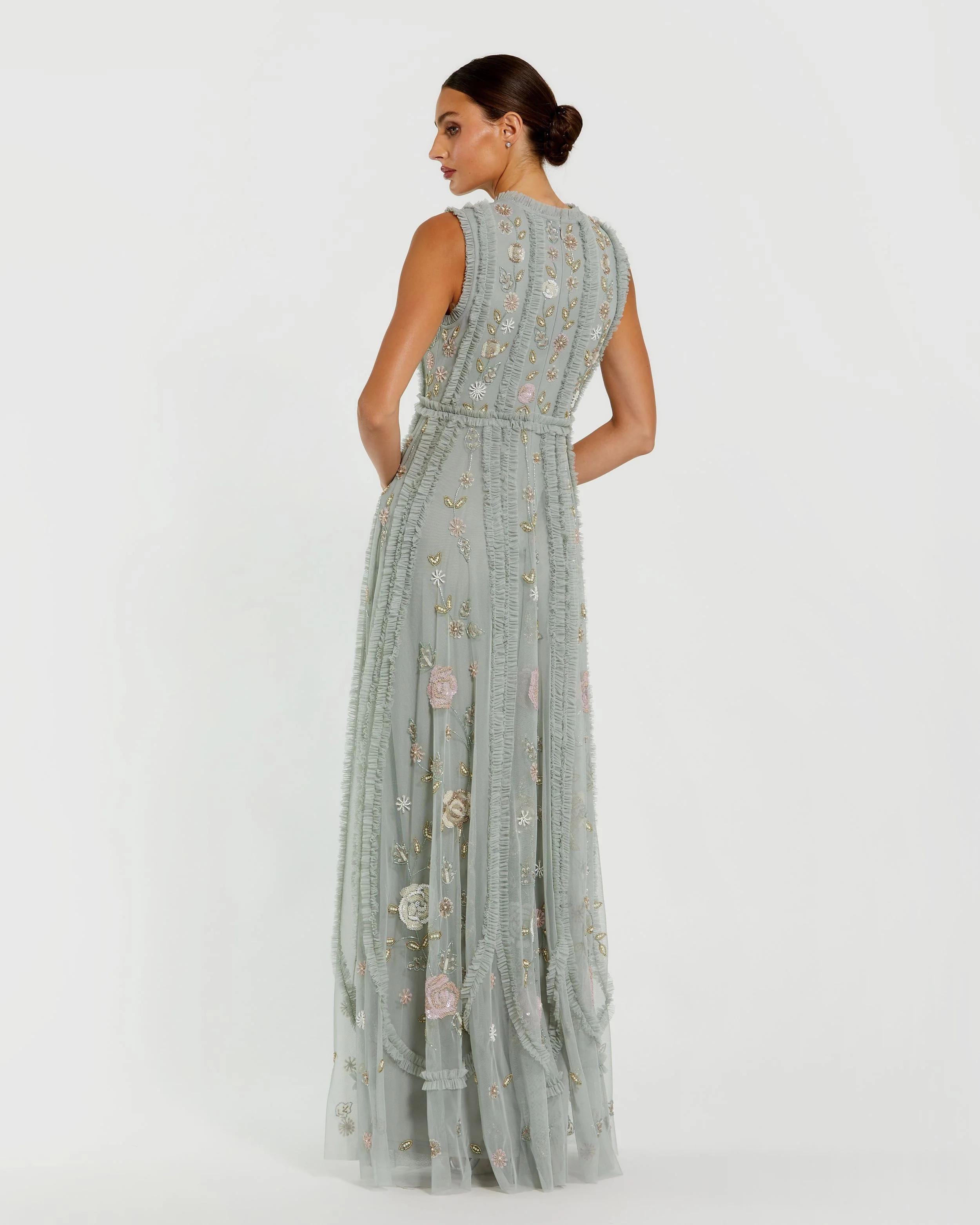 Green Floral Mesh Sleeveless A Line Micro Ruffle Gown