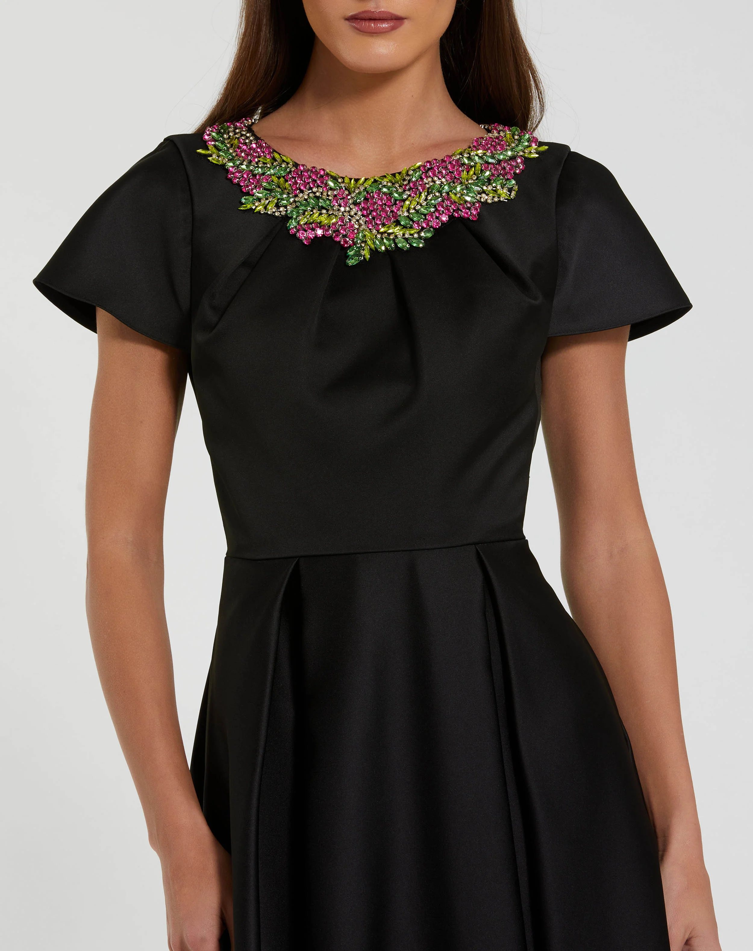 Black Satin Flutter Sleeve Gown With Neckline Beading