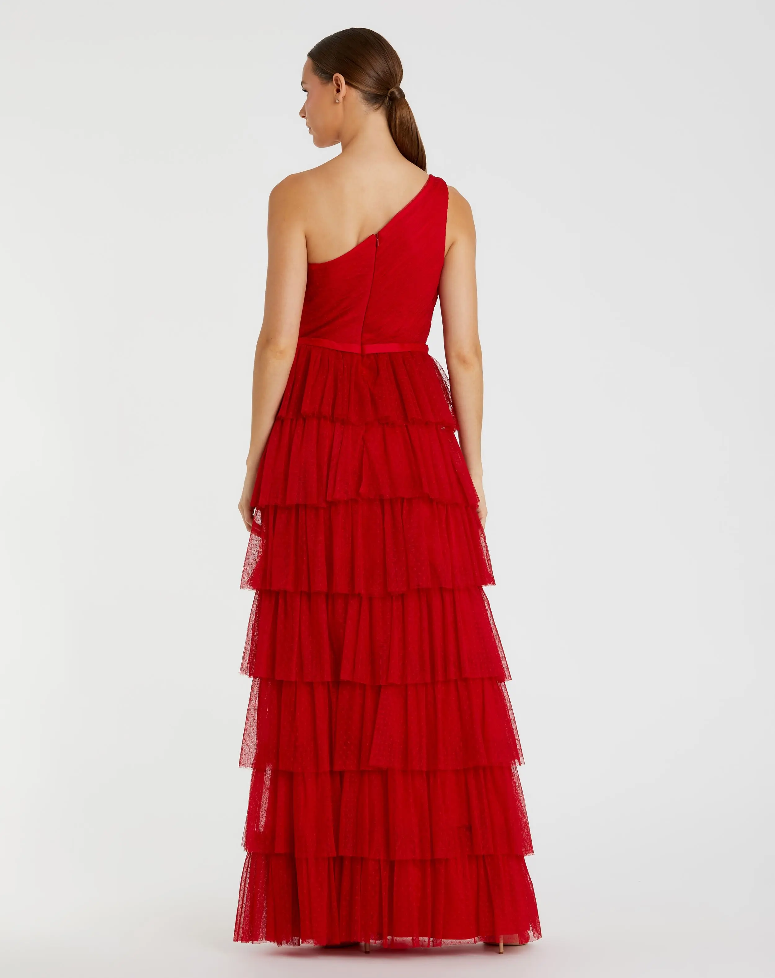 Red One Shoulder Layered Tiered Tulle Gown