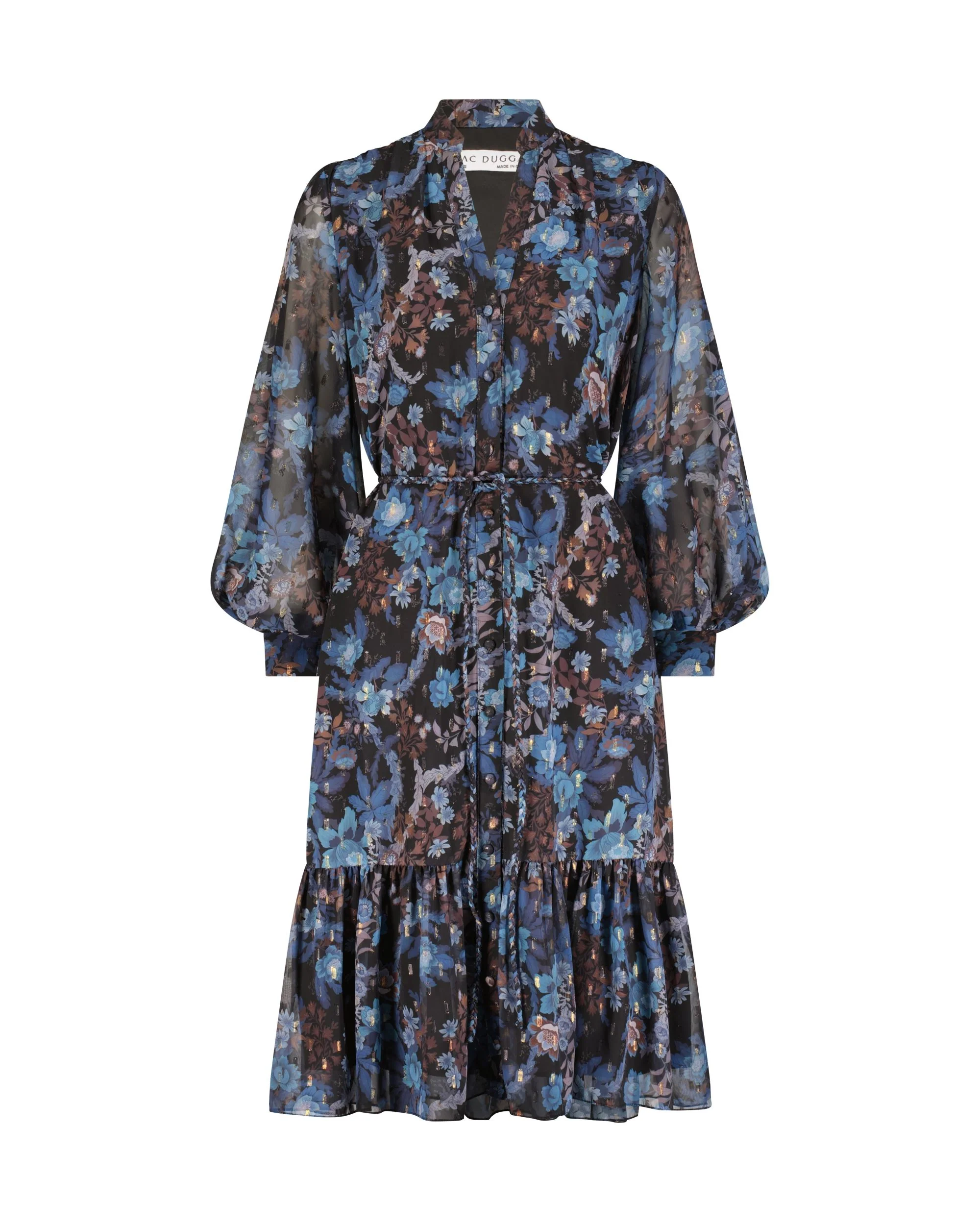 Blue Lurex Chiffon Bishop Sleeve Button Up Midi Dress
