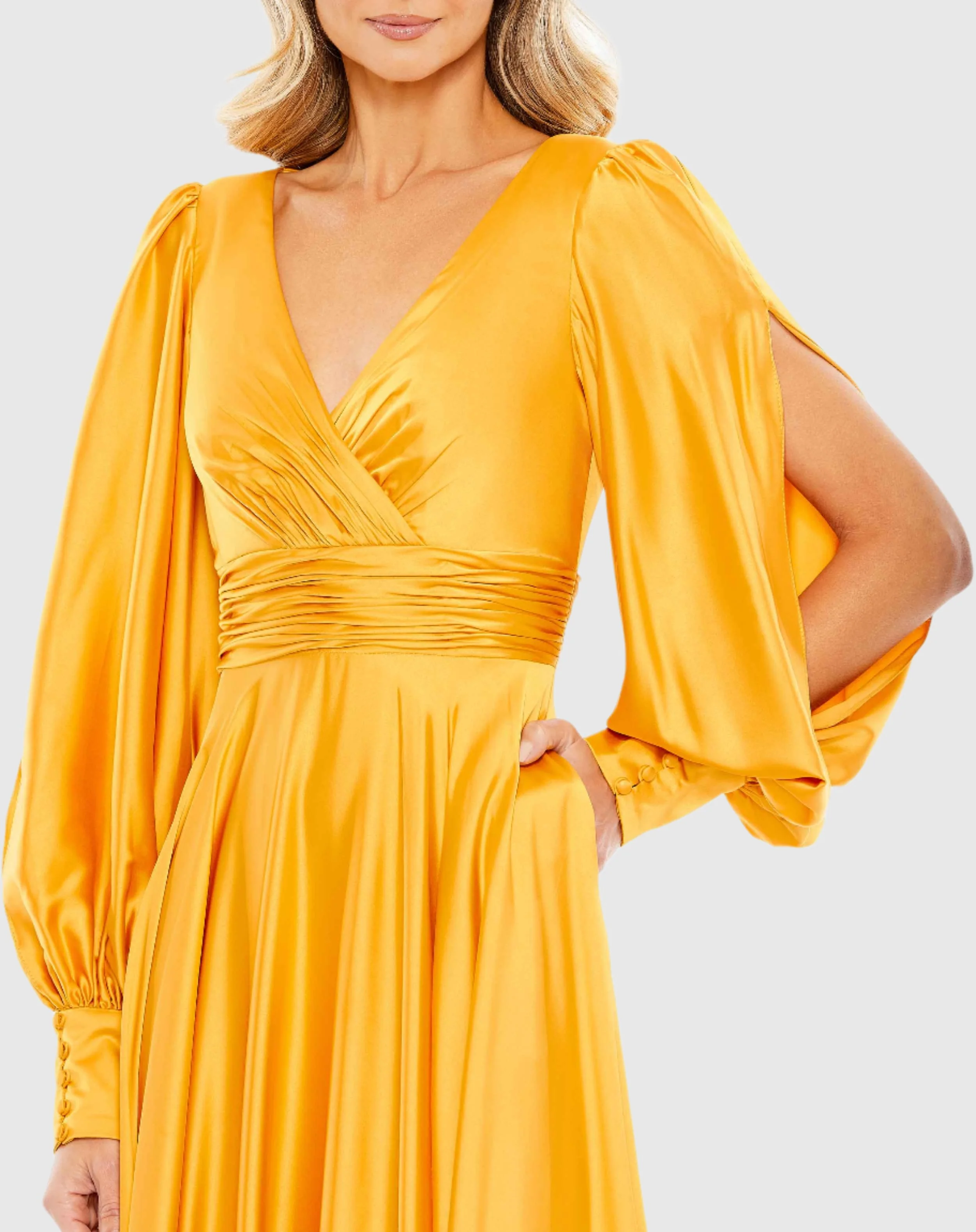 Yellow Split Bishop Sleeve Wrap Over Flowy Gown