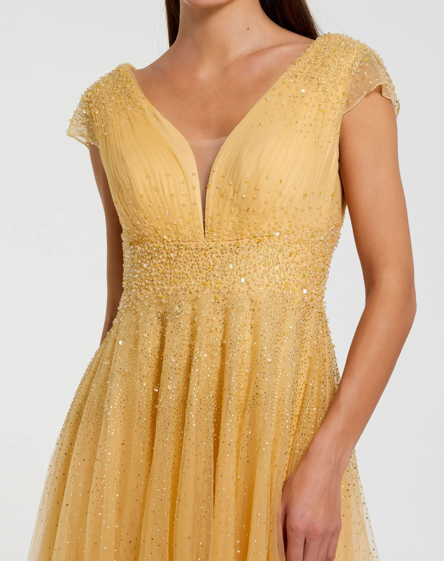 Yellow Embellished Tulle Cap Sleeve V Neck Gown