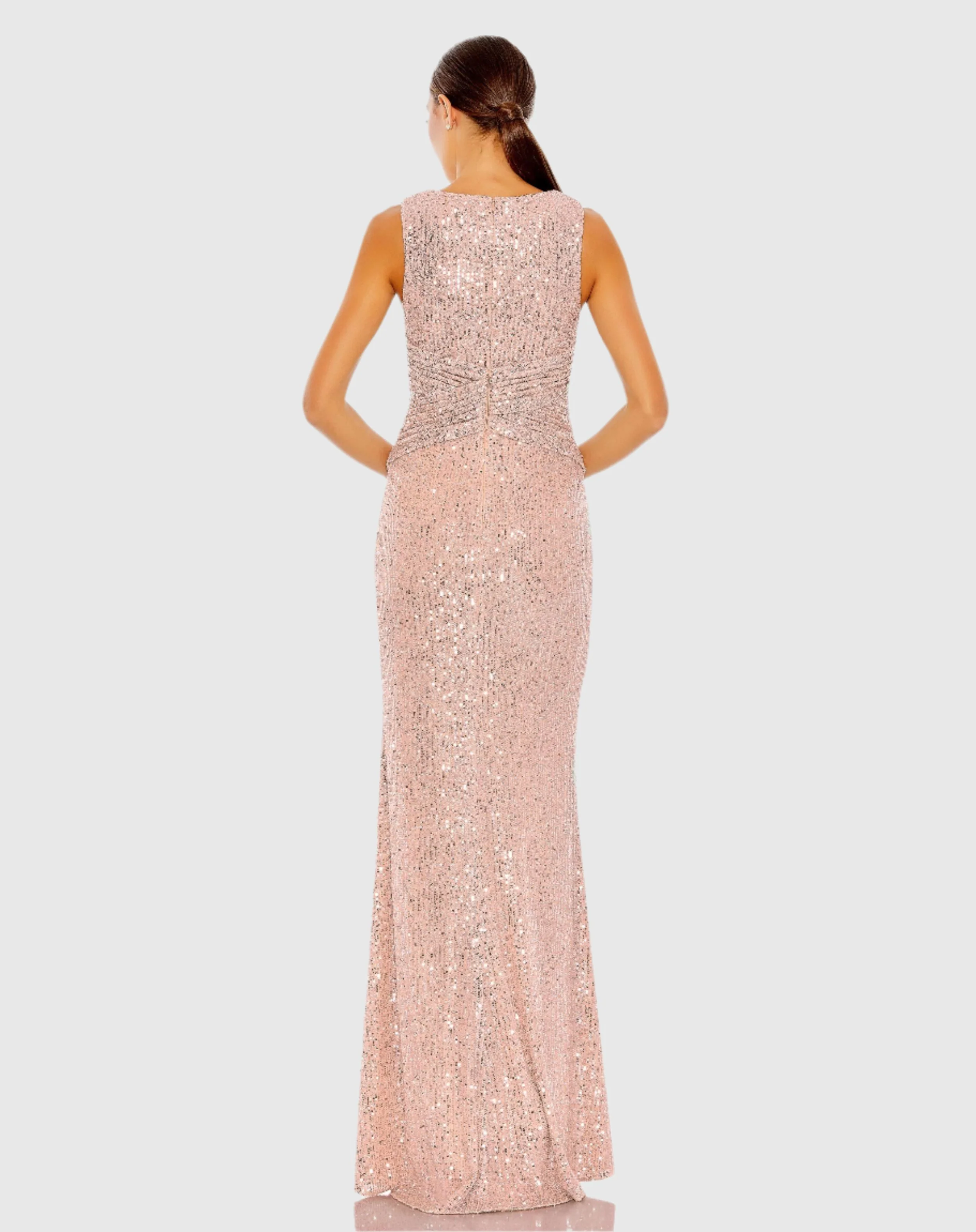 Pink V-Neck Sequin Wrap Waist Gown