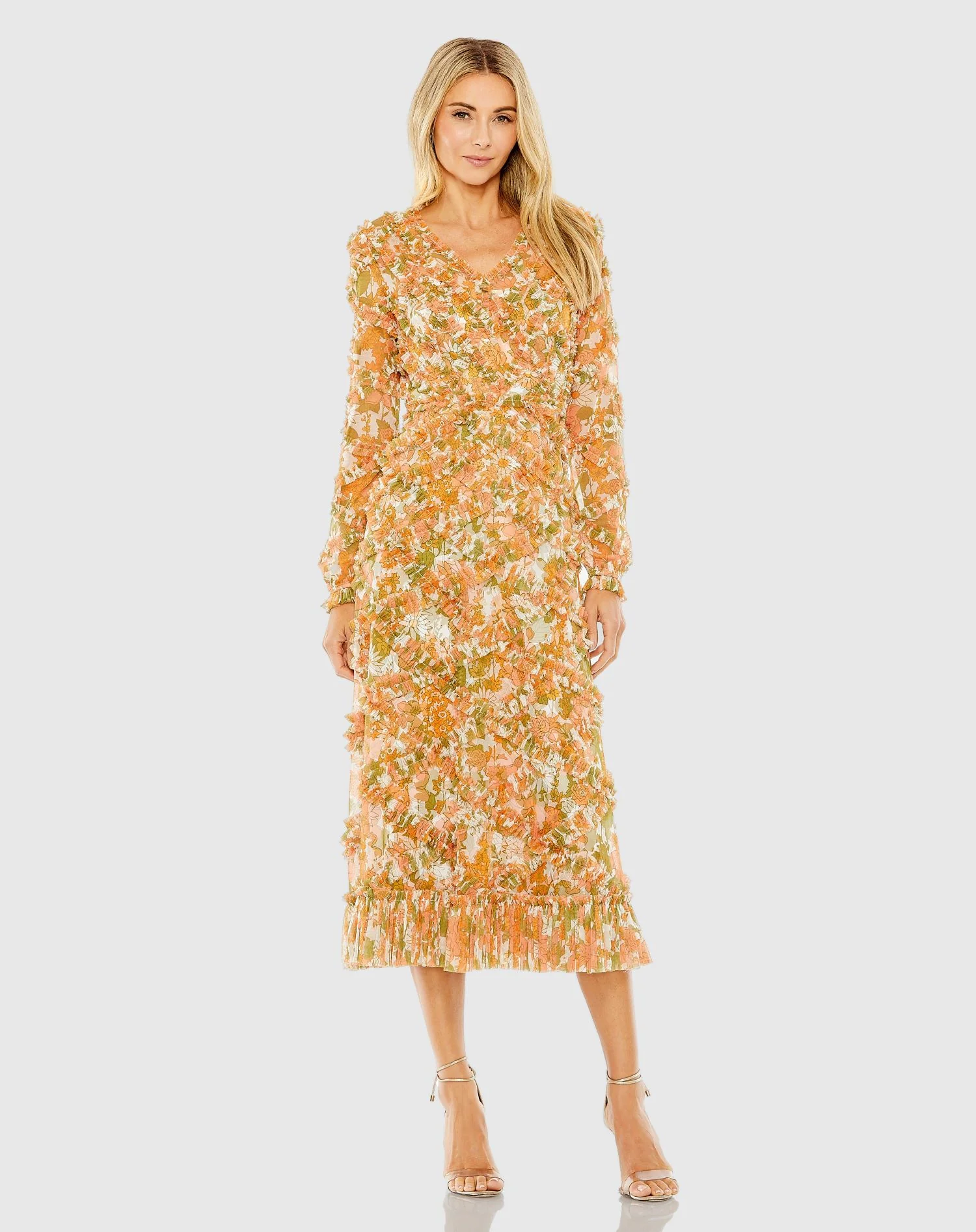 Long Sleeve Low Back Floral V Neck Ruffle Dress