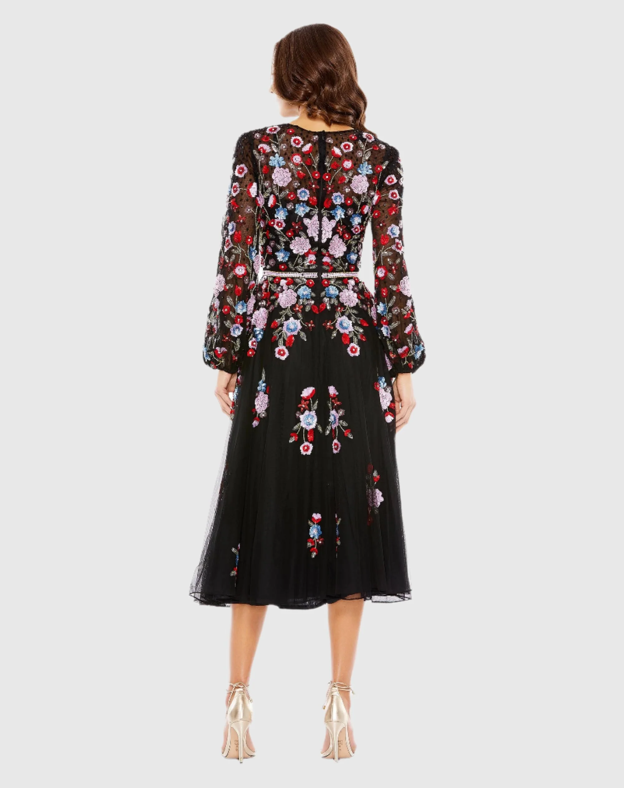 Sequined Floral High Neck Puff Sleeve Cocktail Dress