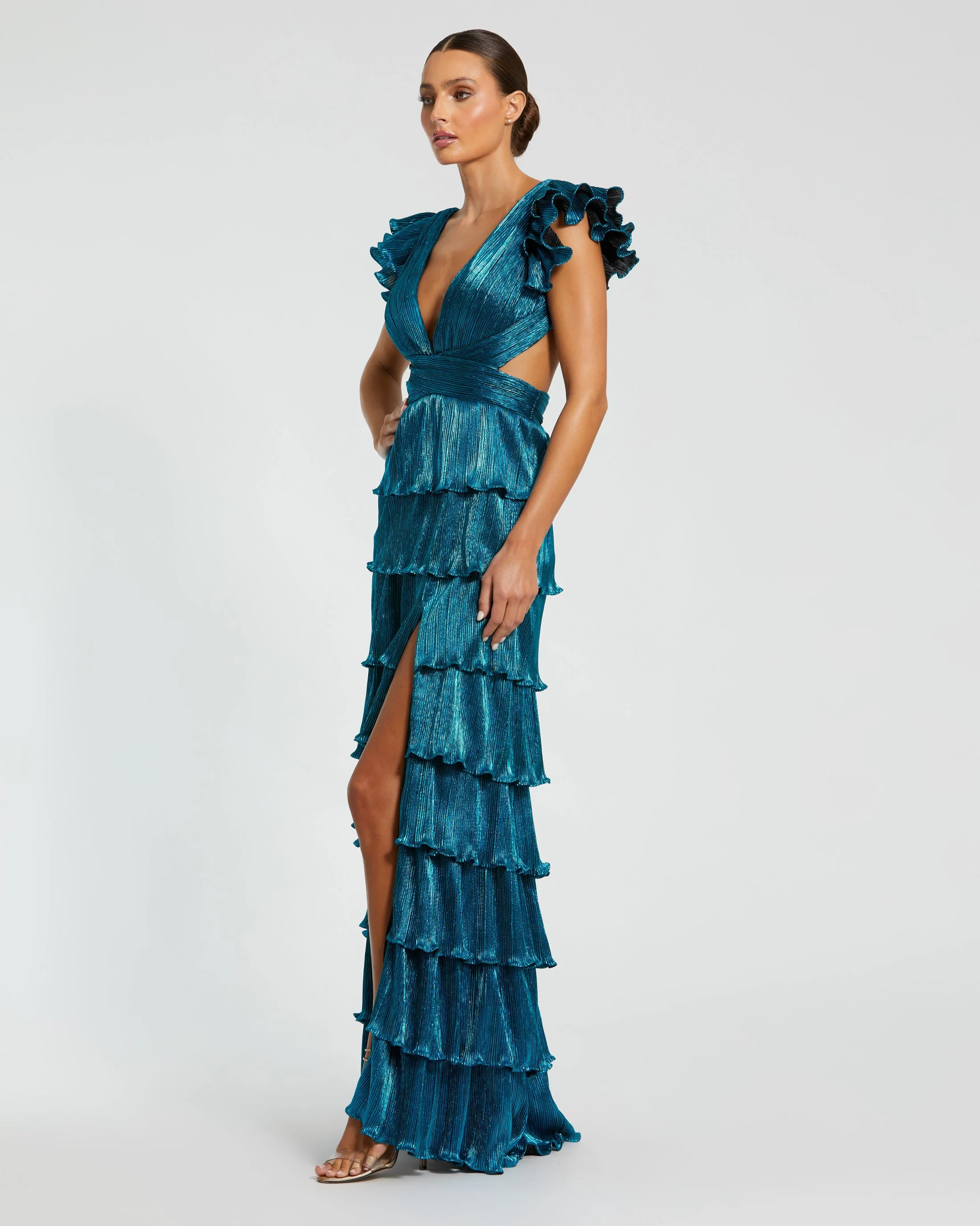 Blue Ruffle Tiered Criss Cross Lace Up Gown